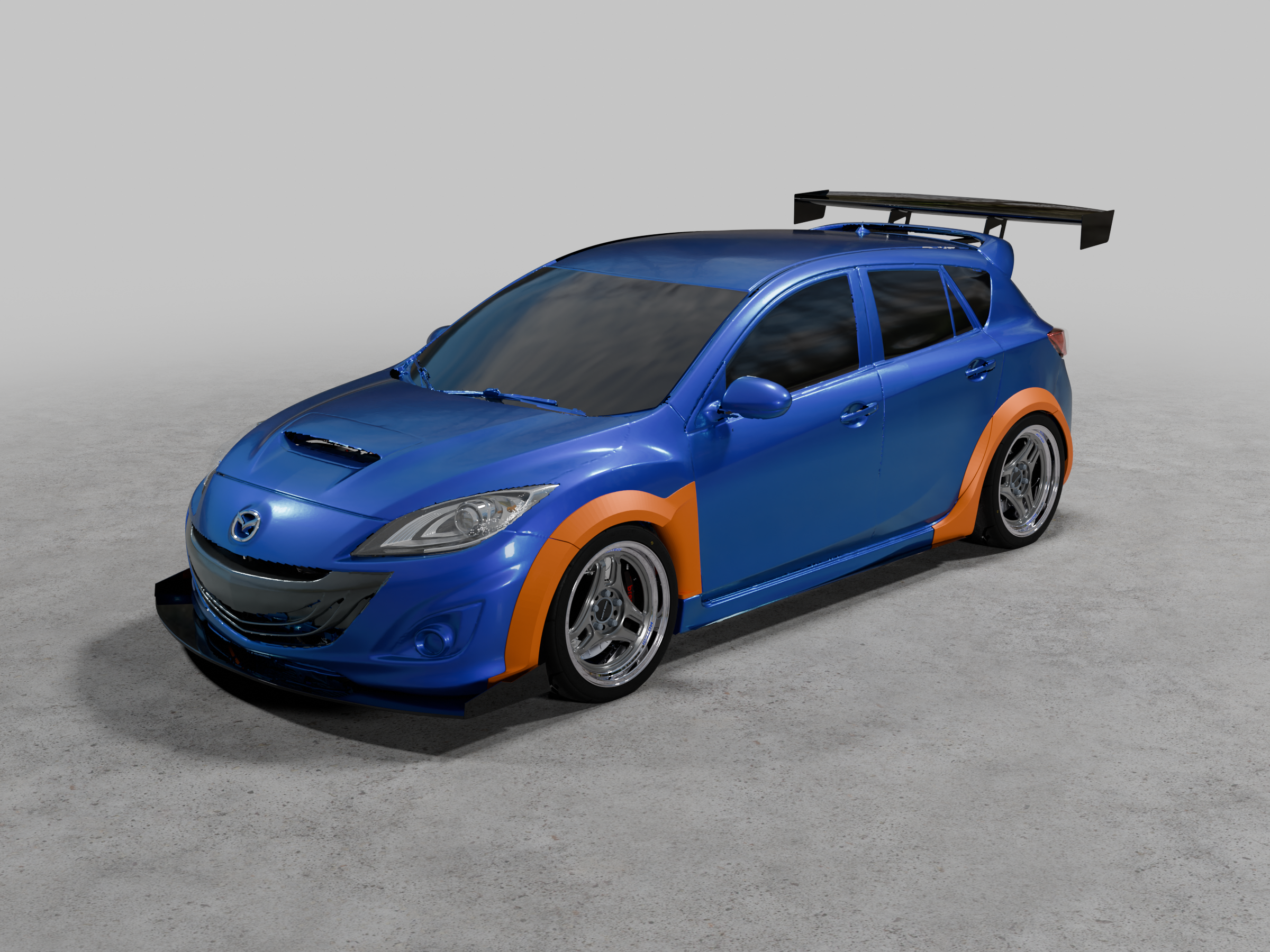 3D render of a blue Mazdaspeed3 BL with the Epsilon+ widebody fender flares highlighted in orange