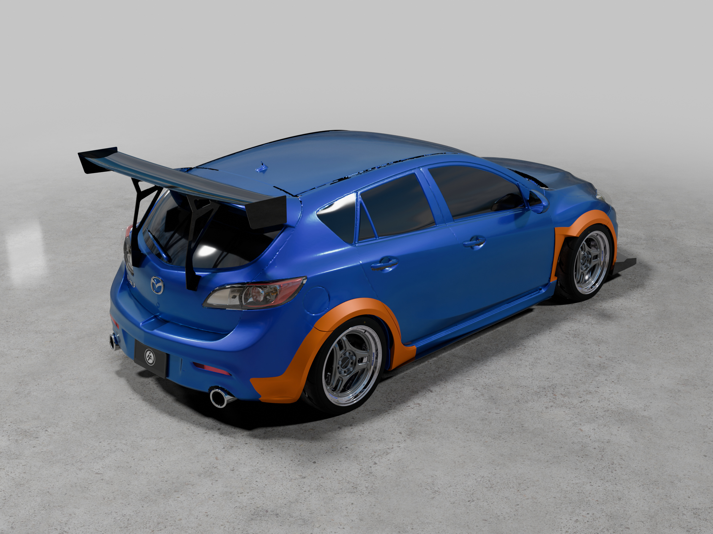 Elevated rear render of a blue Mazdaspeed3 BL showing the widebody flare coverage
