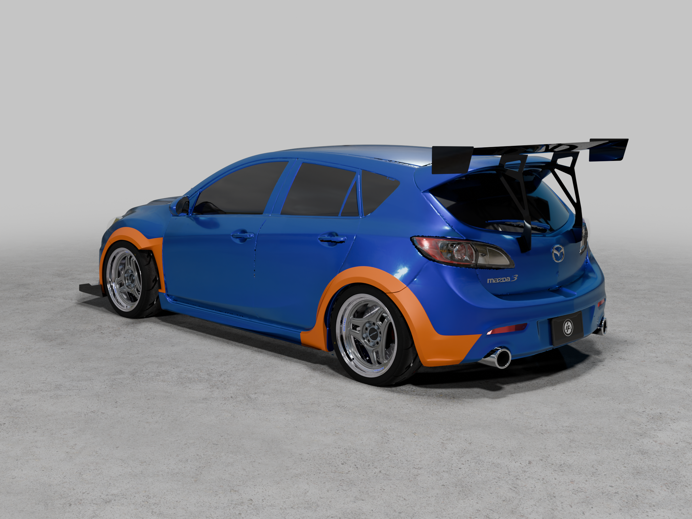 Rear three-quarter render of a blue Mazdaspeed3 BL with widebody fender flares