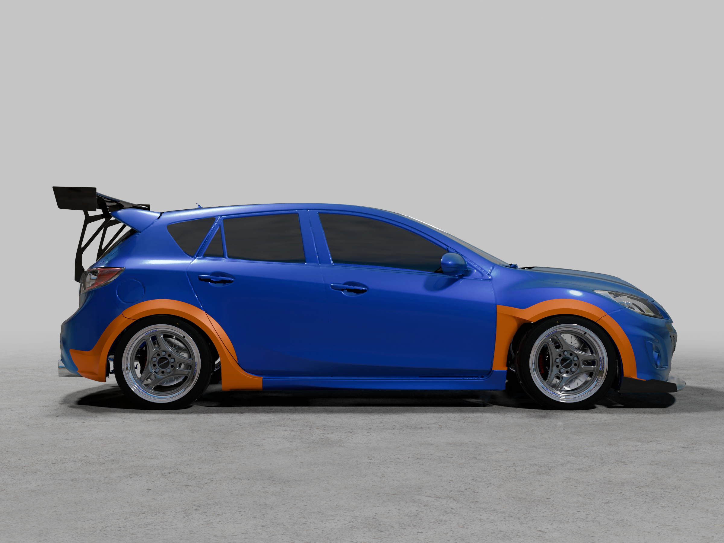 Side profile render of a blue Mazdaspeed3 BL with widebody fender flares