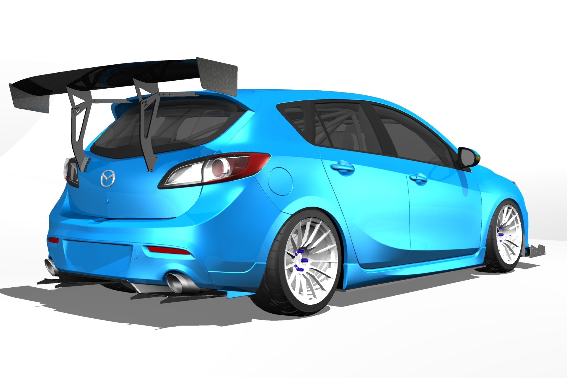 Rear three-quarter 3D render of a blue Mazdaspeed3 Gen2 with GT wing fitment