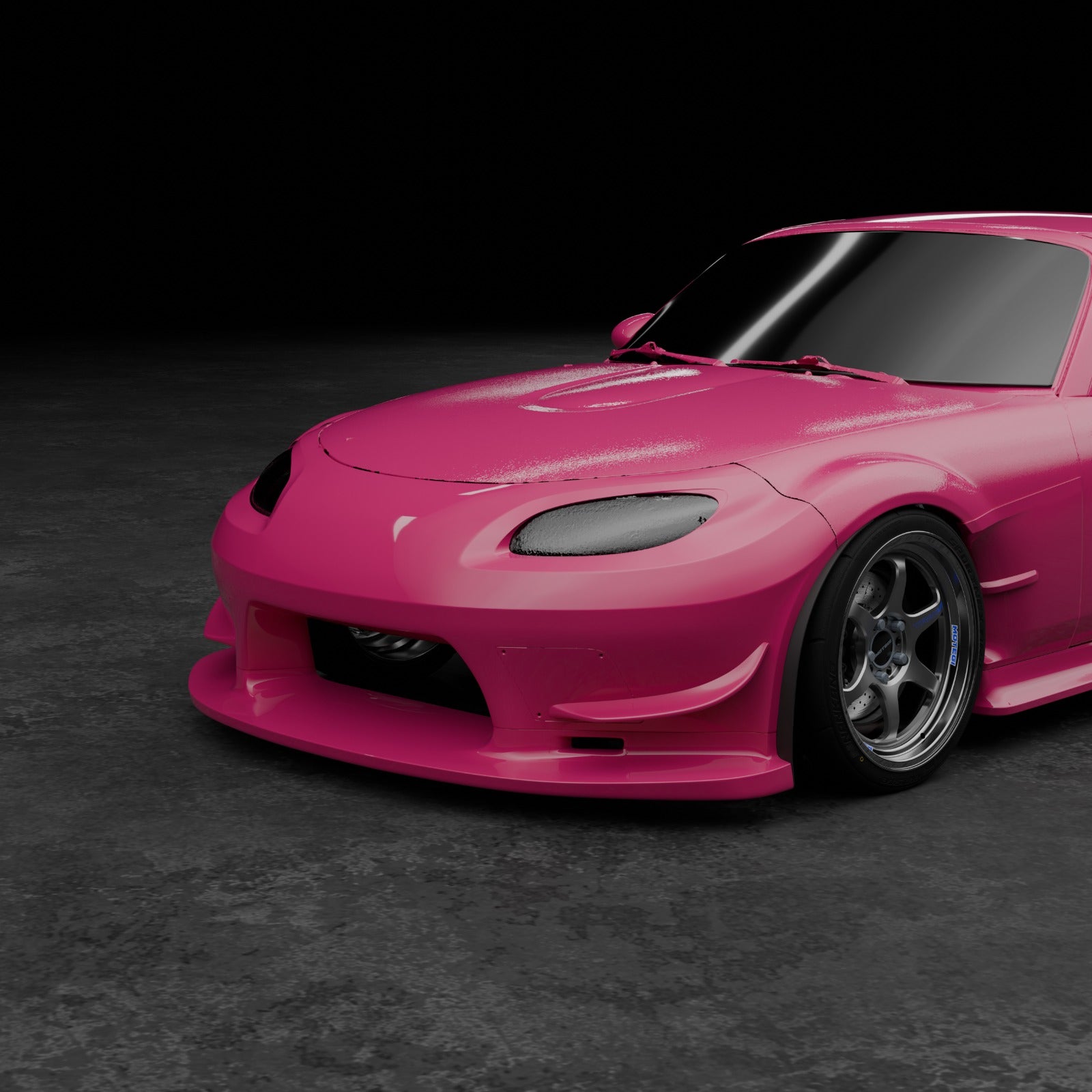 Studio front three-quarter shot of a pink Mazda MX-5 Miata NC with canards