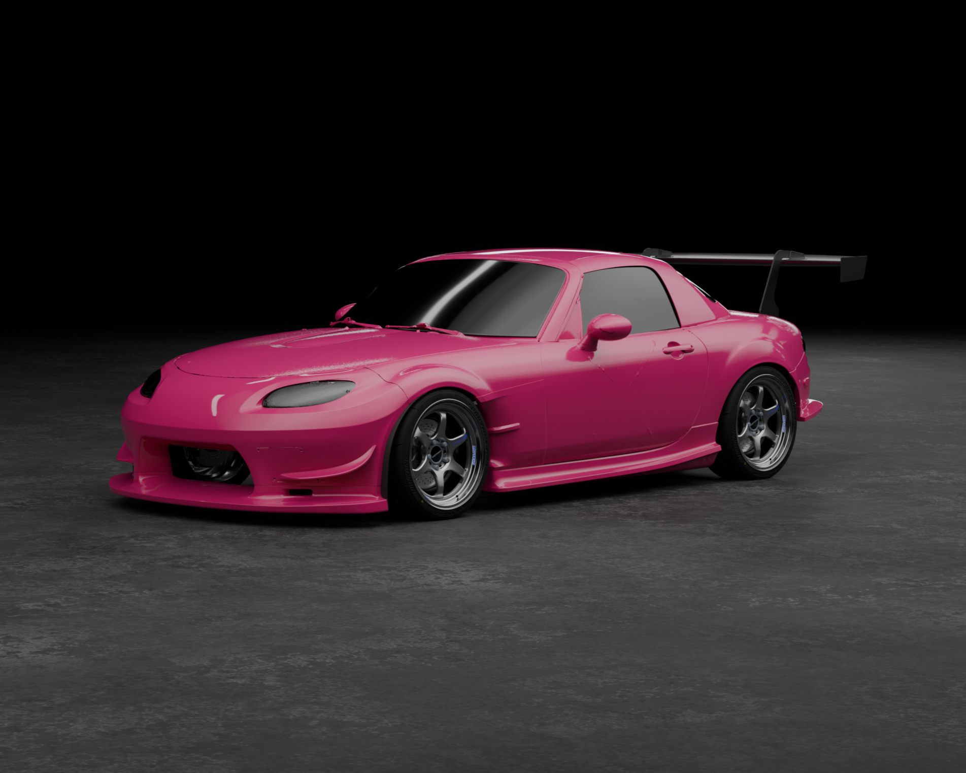 Studio side profile render of a pink Mazda MX-5 Miata NC with front bumper