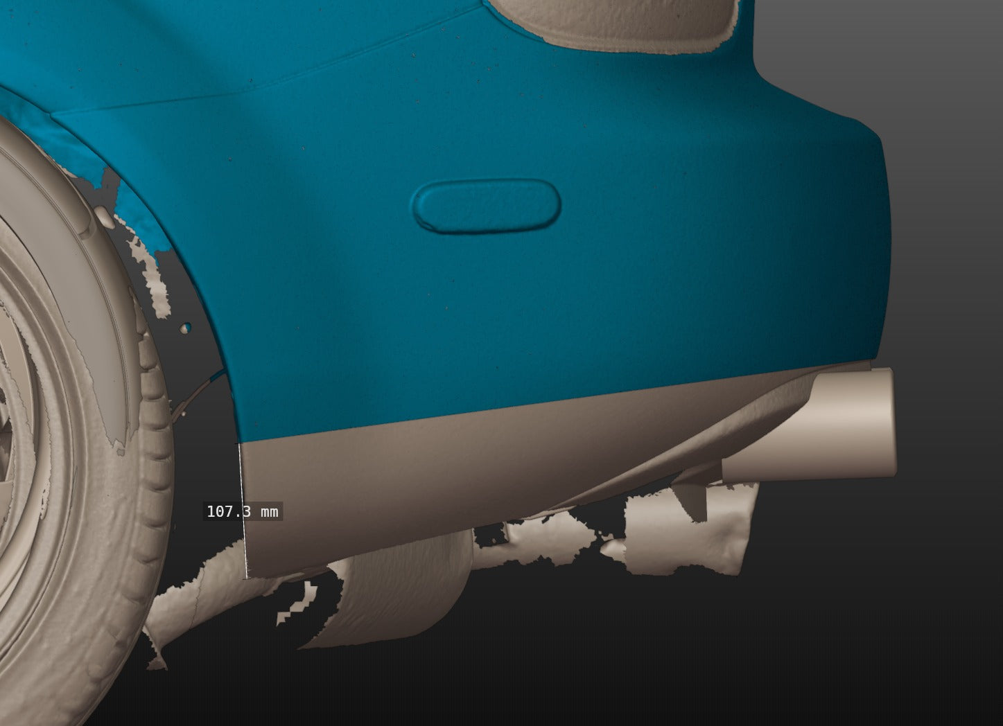 3D scan of the Miata NC1 rear bumper showing rear spat cut dimensions