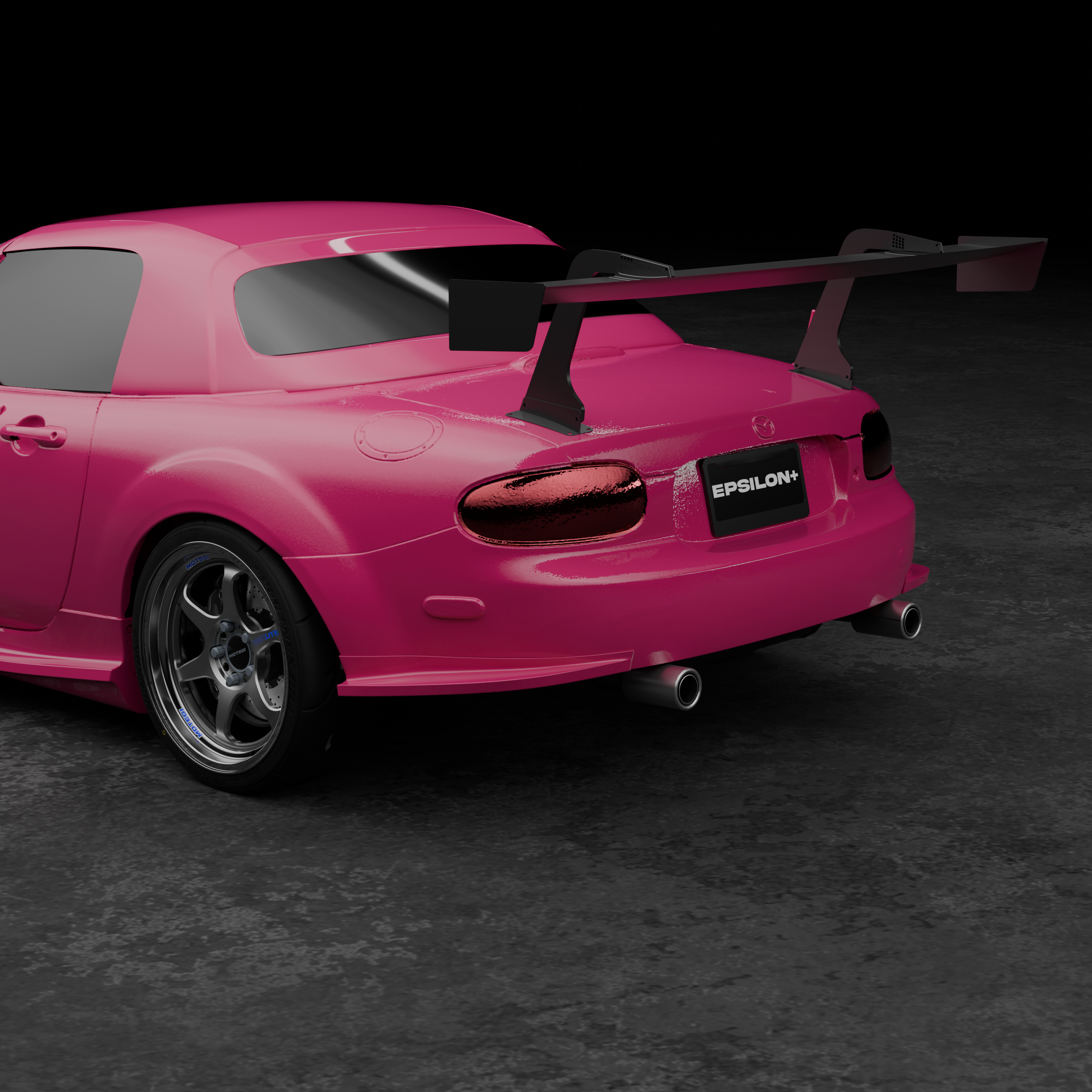 Studio render of a pink Mazda MX-5 Miata NC1 with rear spats, rear three-quarter view