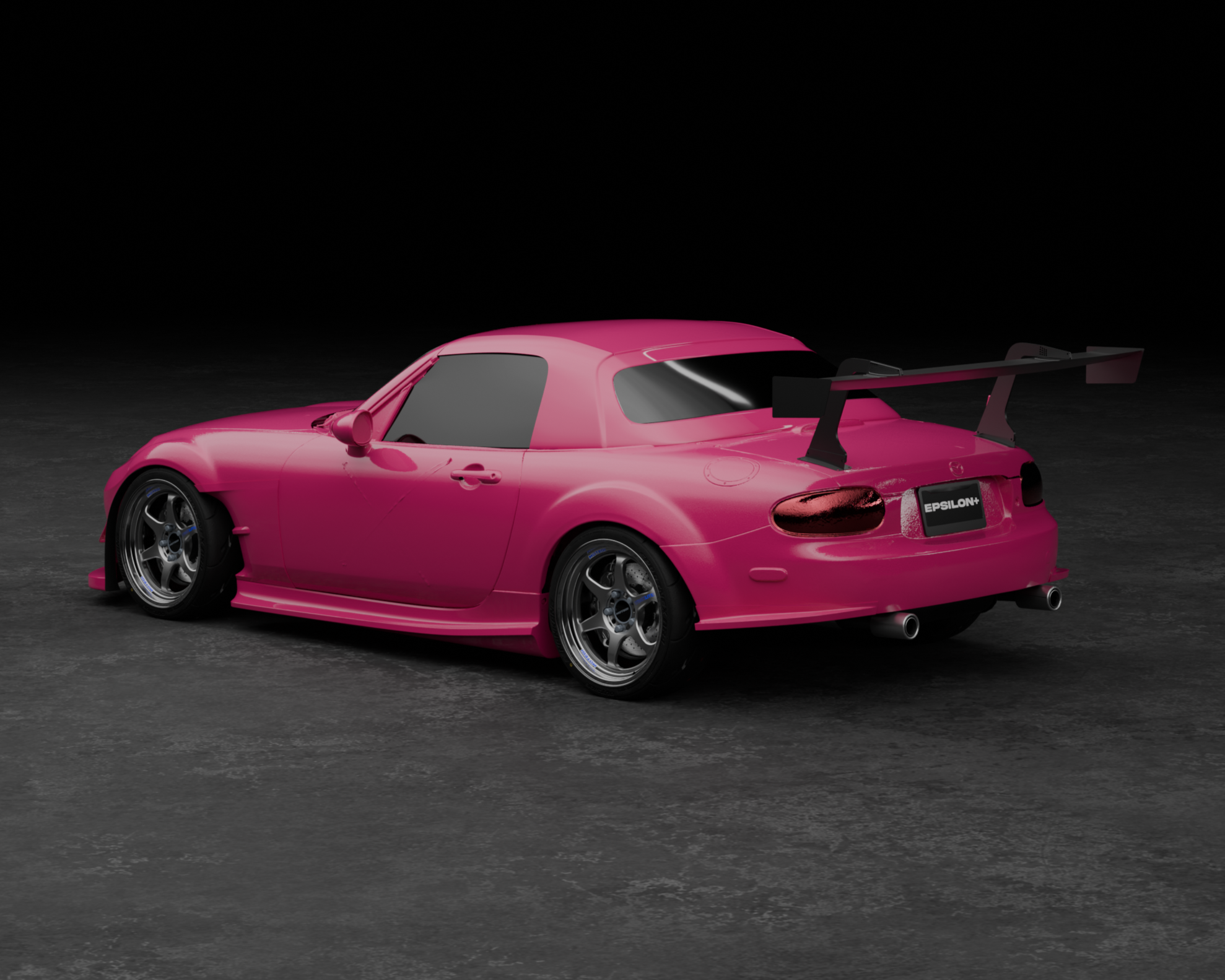 Studio render of a pink Mazda MX-5 Miata NC1 with rear spats, side-rear view
