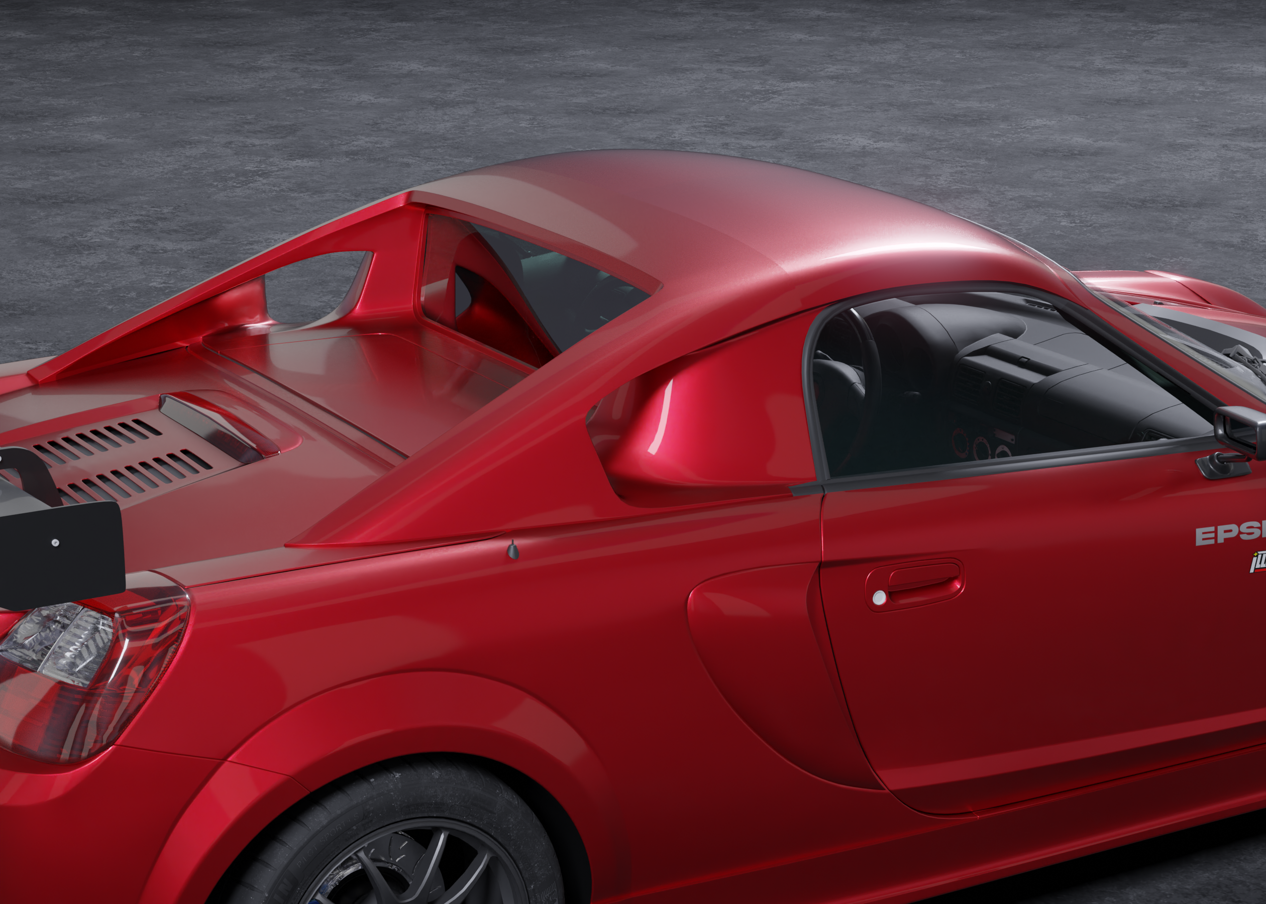 Close render of the hardtop profile on a red Toyota MR2 Spyder
