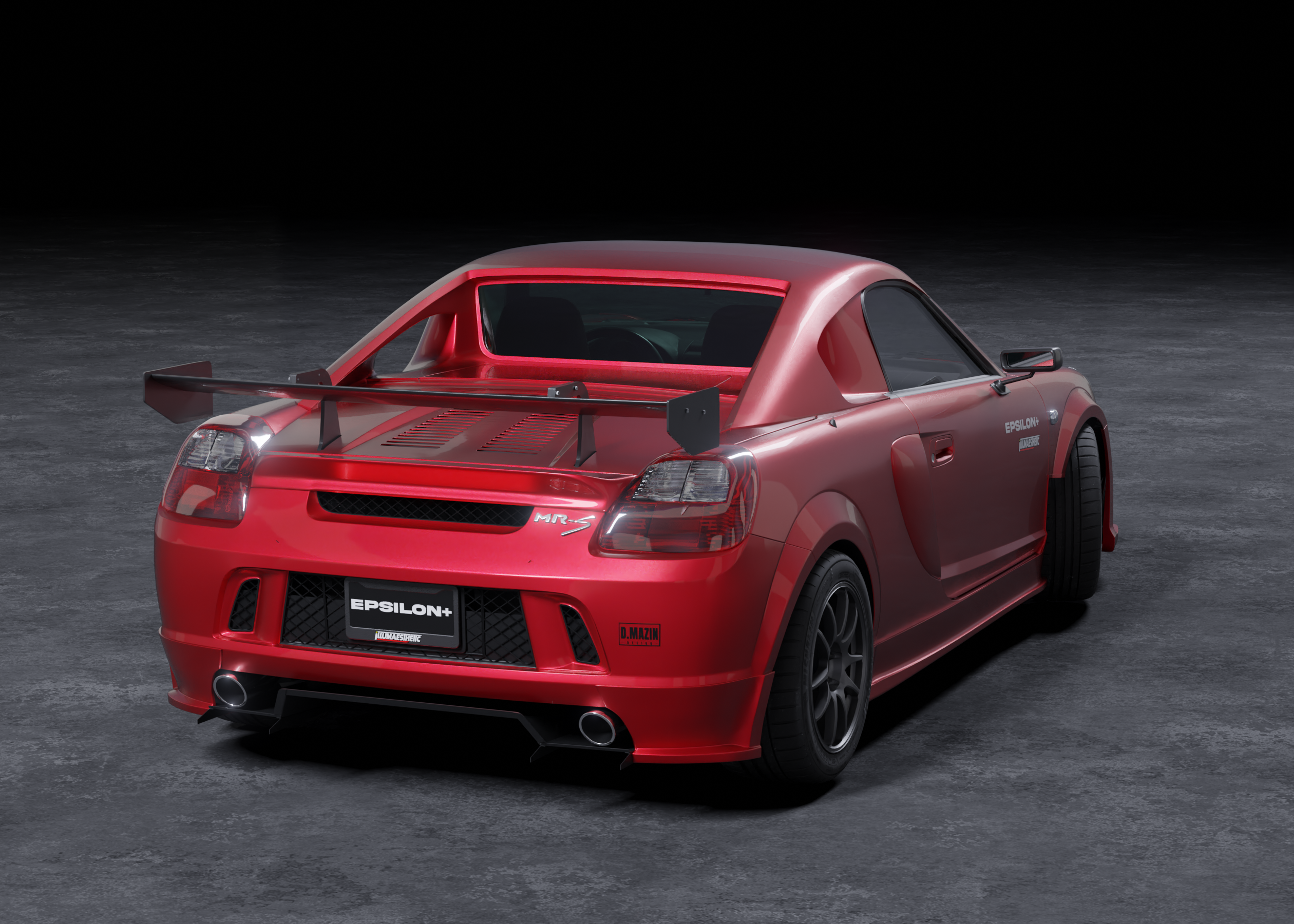 Dark studio render of a red Toyota MR2 Spyder with hardtop and rear wing
