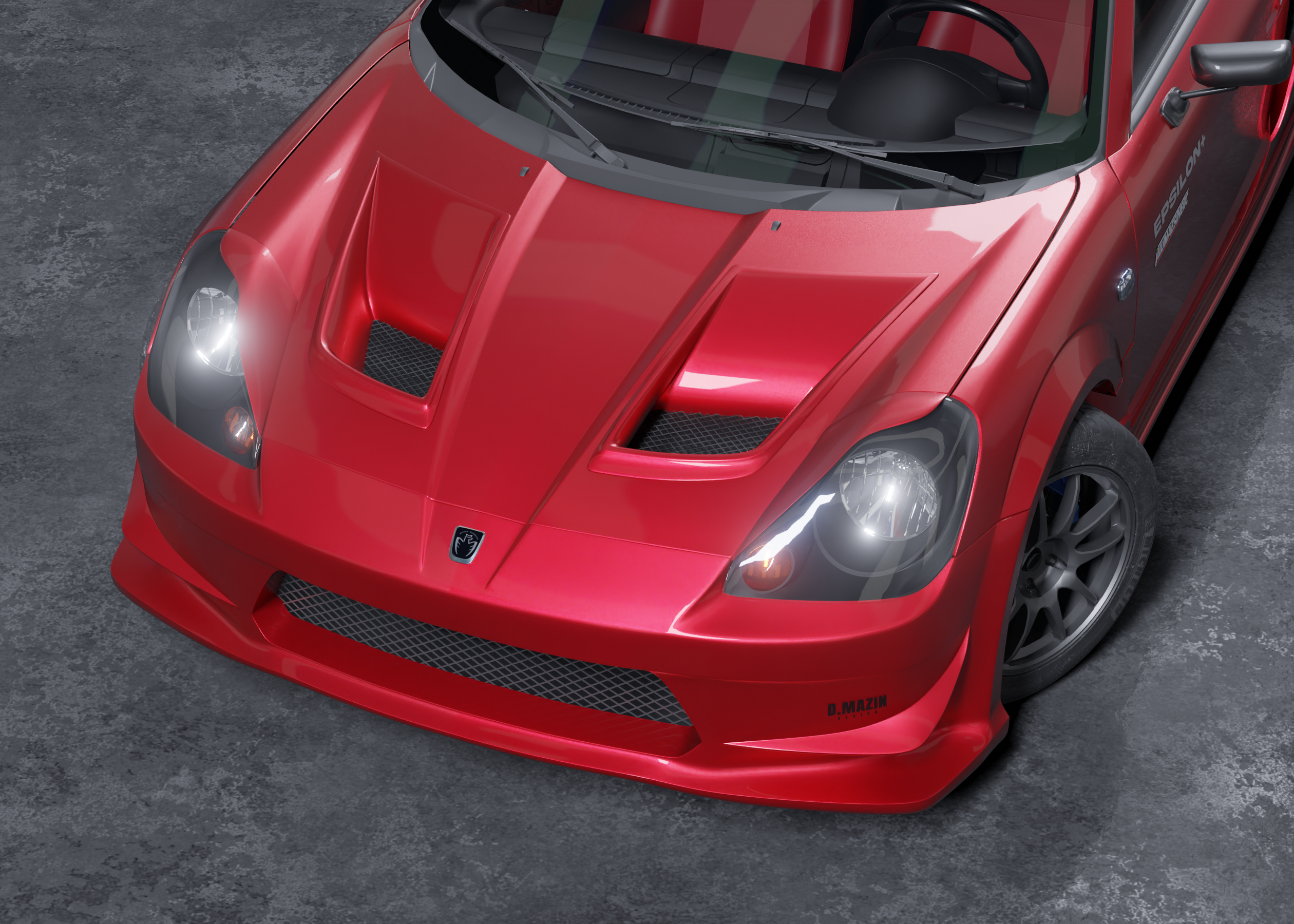 Close render of the headlight eyelids on a red Toyota MR2 Spyder