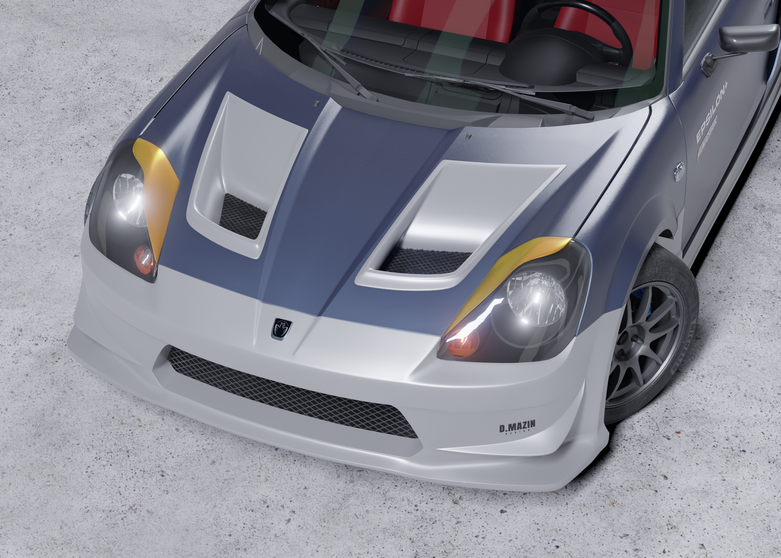 Front render of a Toyota MR2 Spyder with headlight eyelids highlighted in yellow