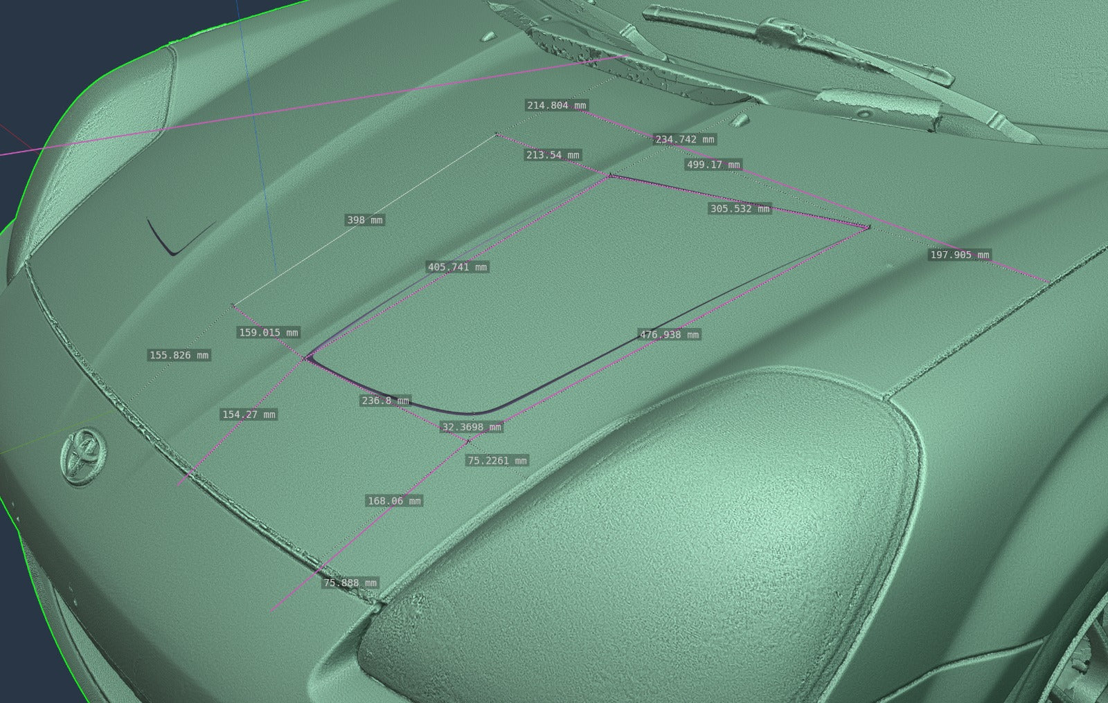 Angled 3D scan of the MR2 Spyder hood surface used for vent development