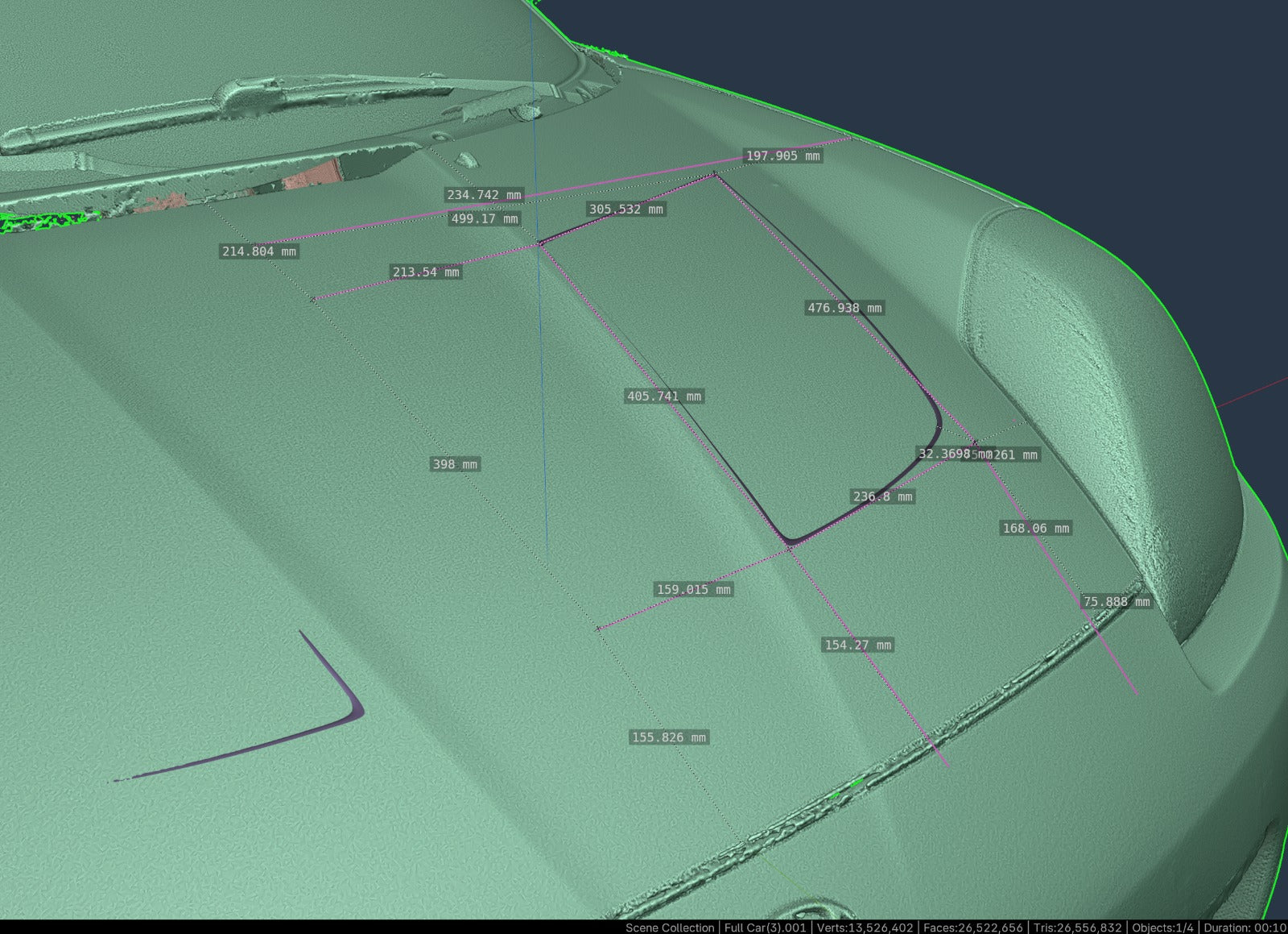 3D scan of the MR2 Spyder hood with measurement lines for hood vent placement