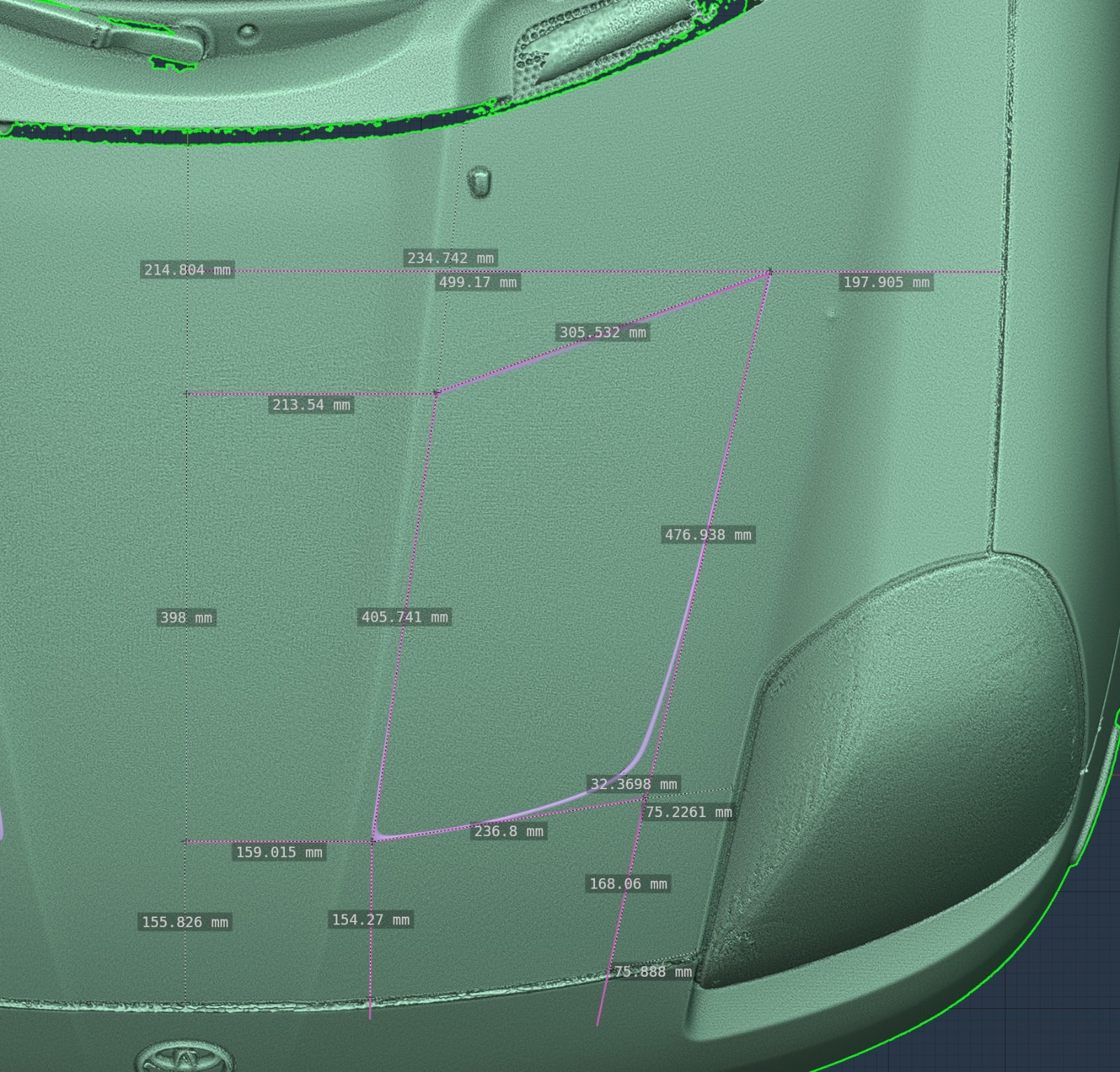 Close 3D scan view showing hood vent cutout dimensions on the MR2 Spyder