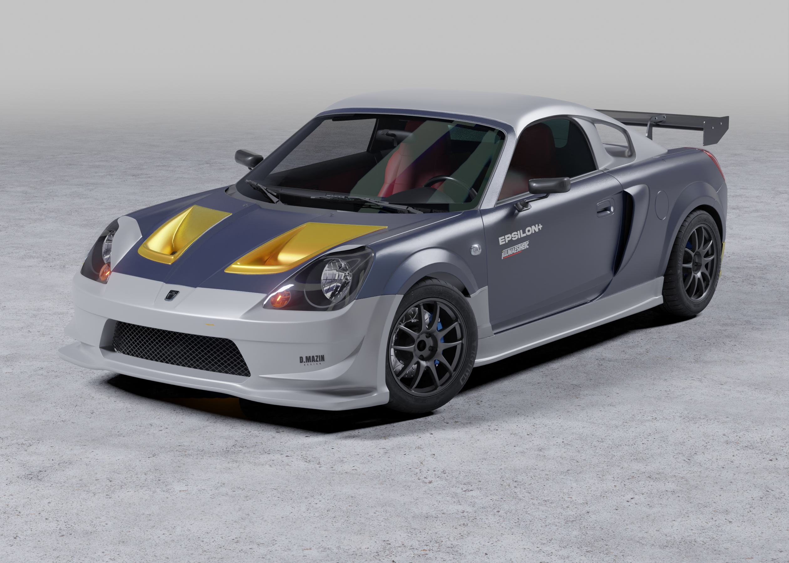 Front three-quarter render of a Toyota MR2 Spyder with hood vents highlighted in yellow