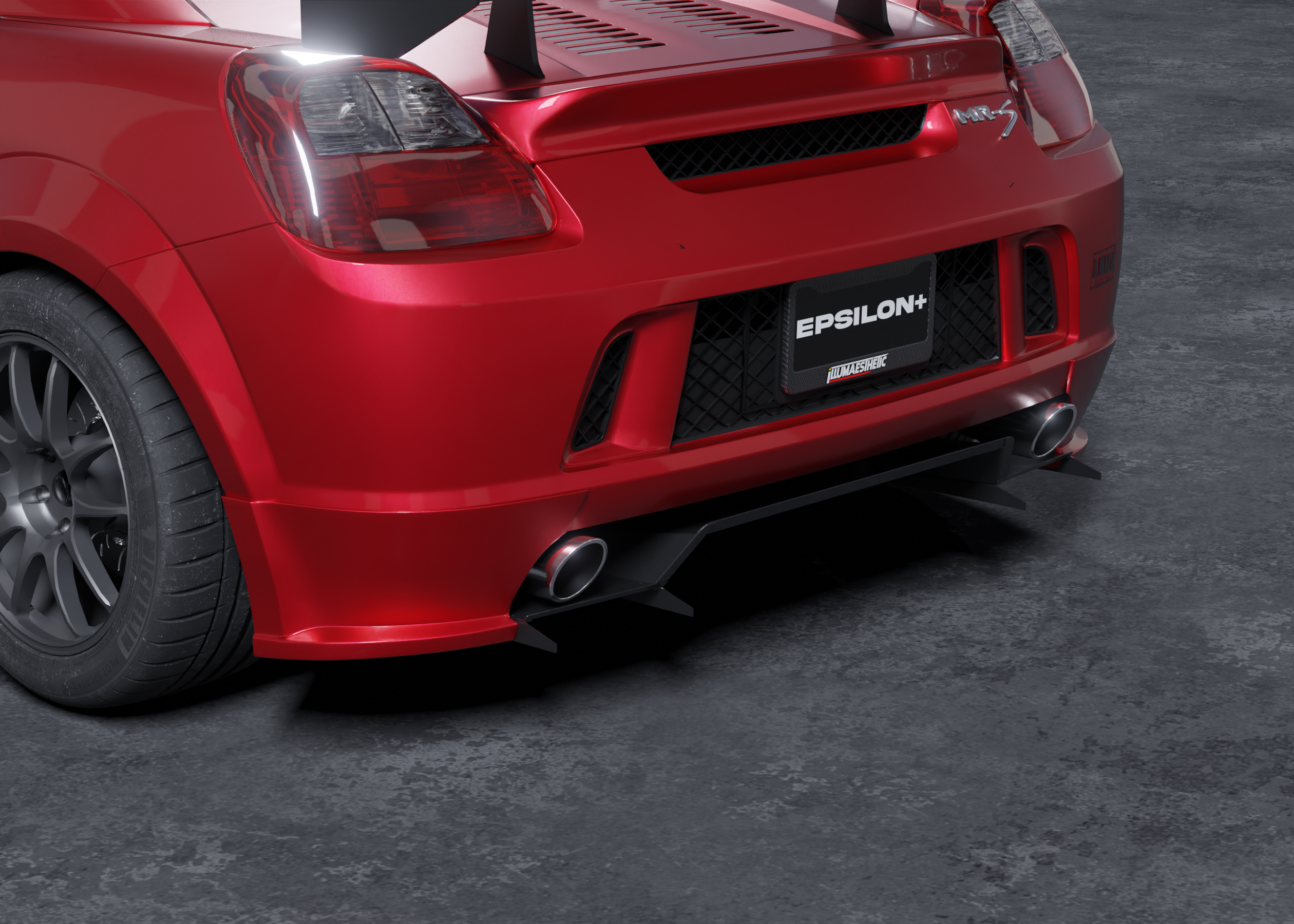Close-up render of the rear bumper spat and exhaust area on a red MR2 Spyder