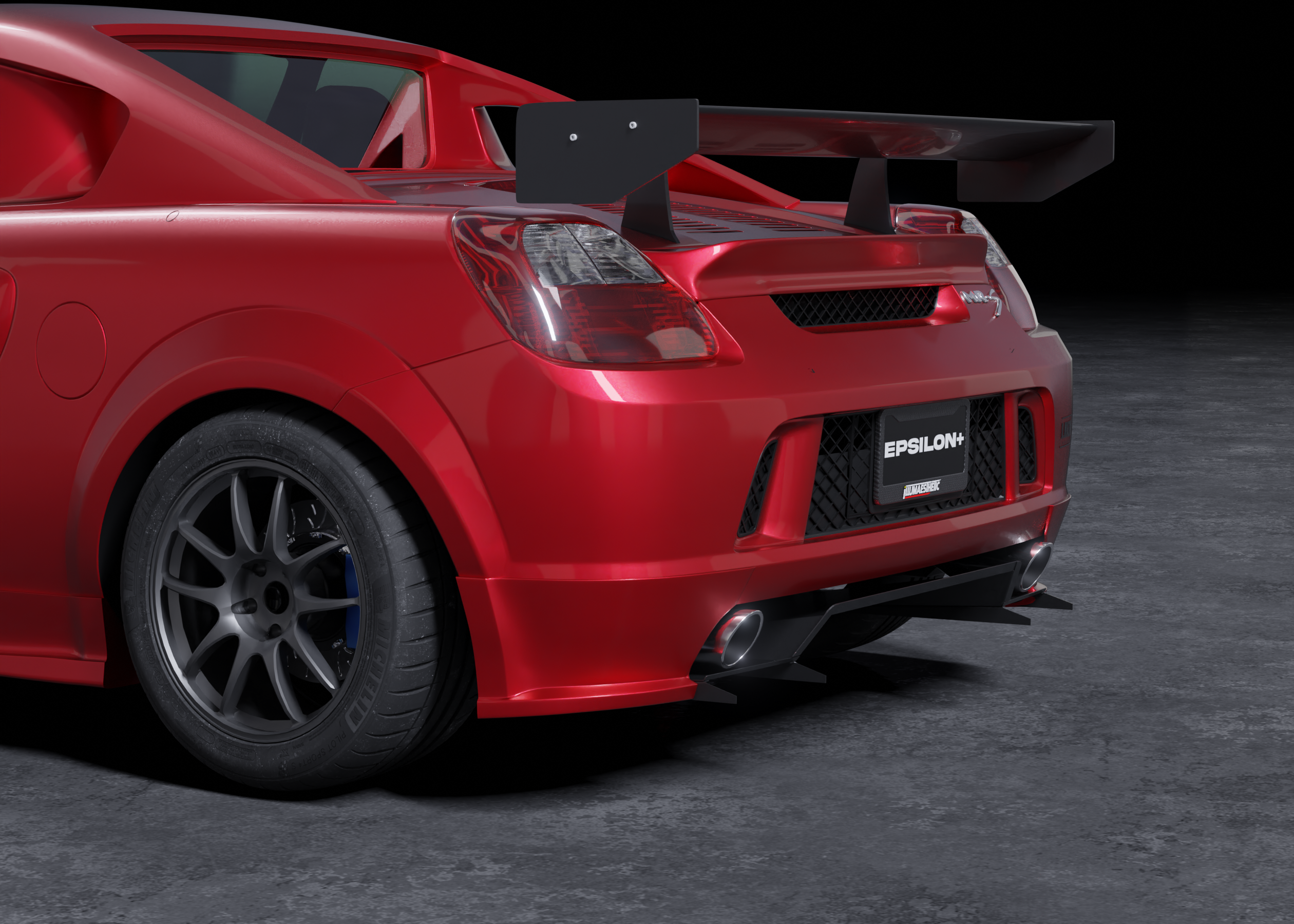 Studio render of the rear bumper spats fitted to a red Toyota MR2 Spyder