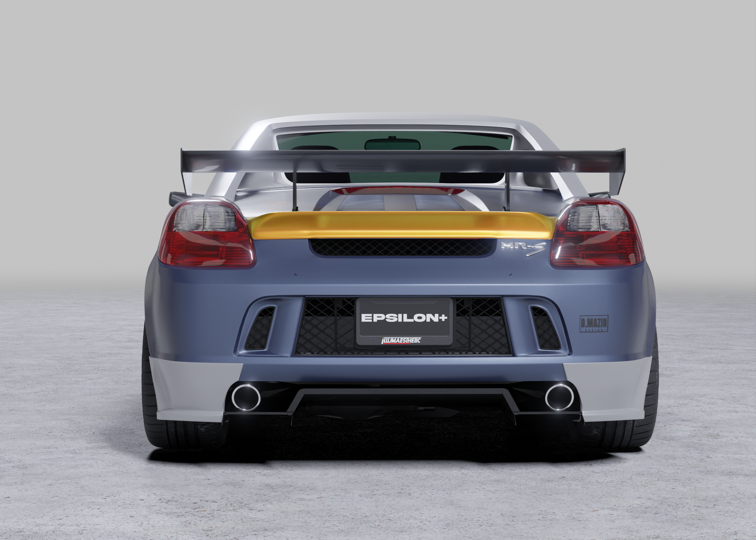 Rear-on render of a Toyota MR2 Spyder showing the duckbill spoiler width