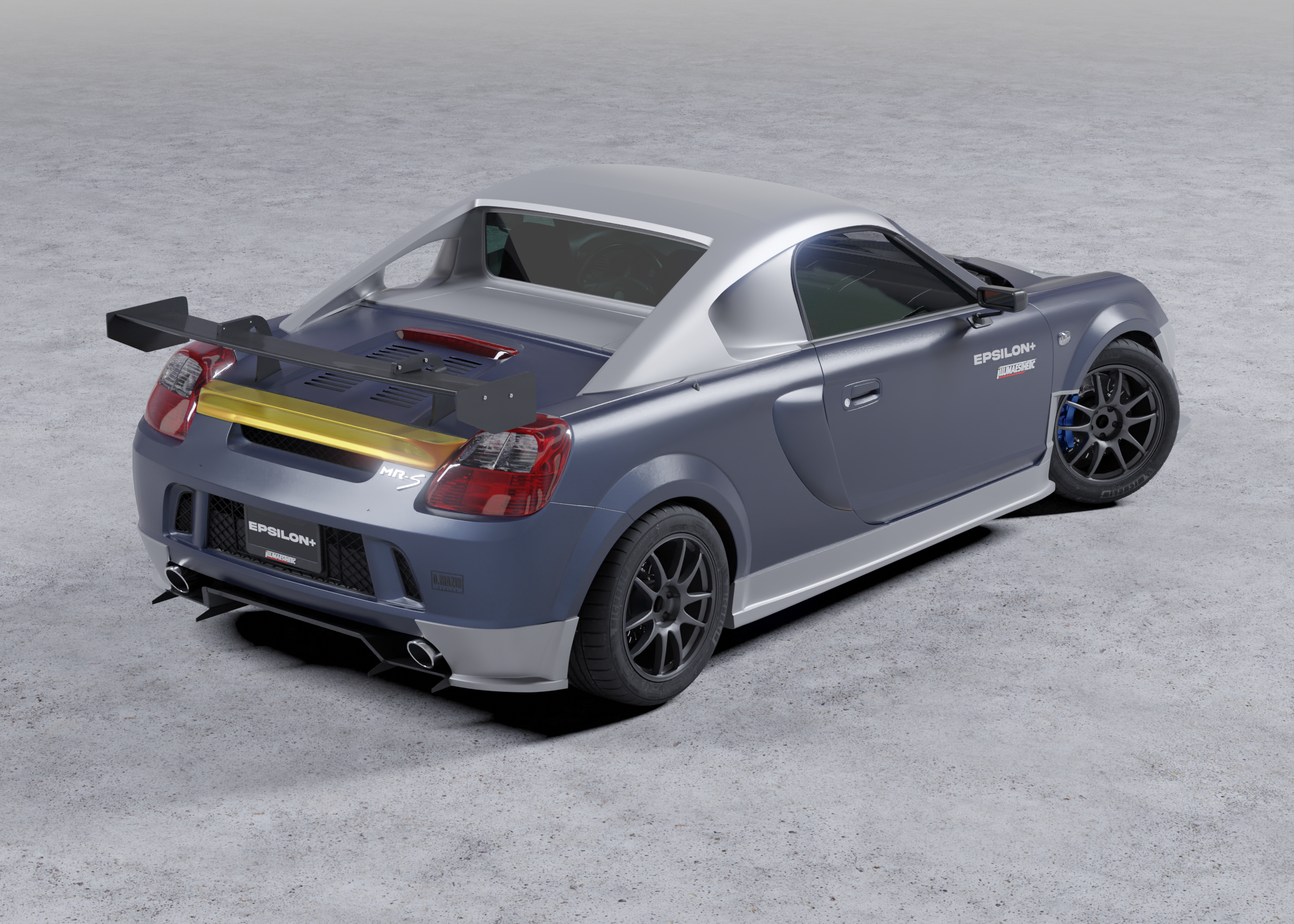 Rear three-quarter render of a Toyota MR2 Spyder with the duckbill spoiler highlighted