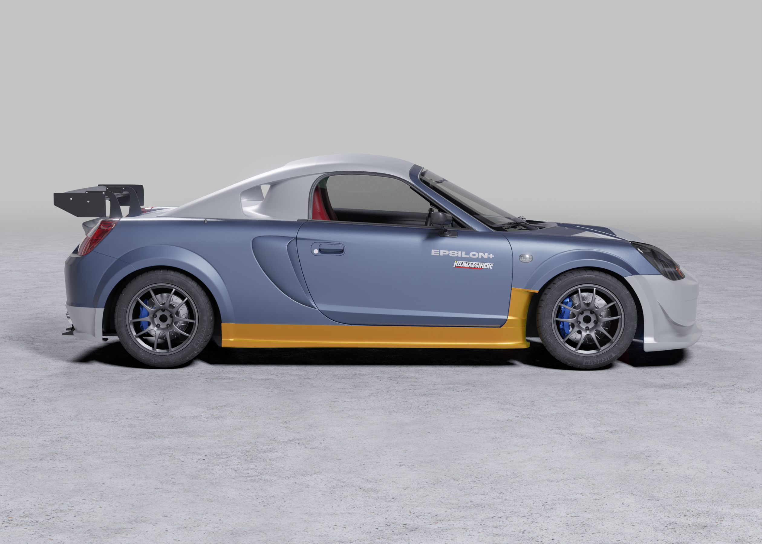 Render of a Toyota MR2 Spyder with the side skirt and fender combo highlighted in yellow