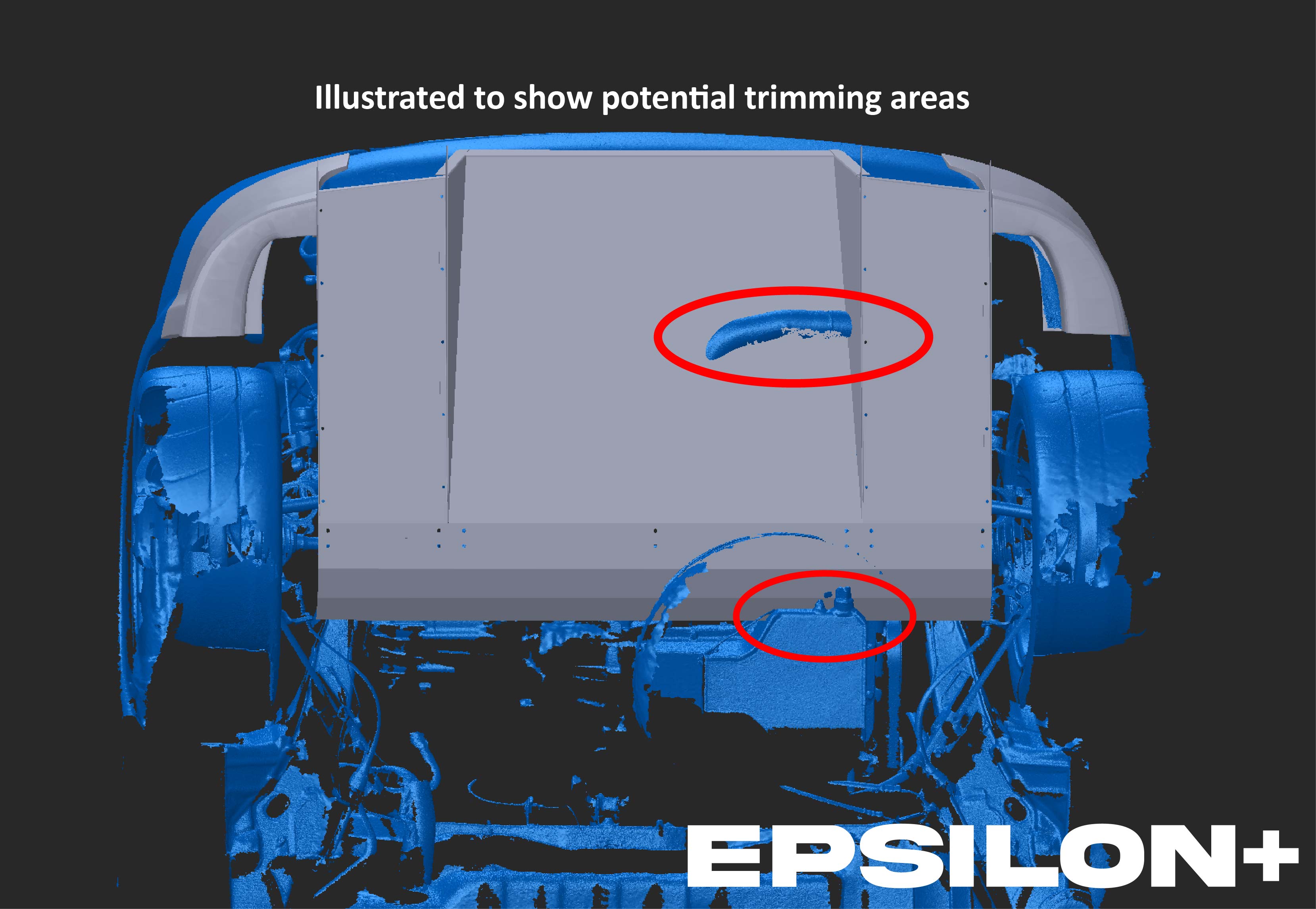 Diagram highlighting potential trimming areas for V1+ diffuser fitment on the MR2 Spyder