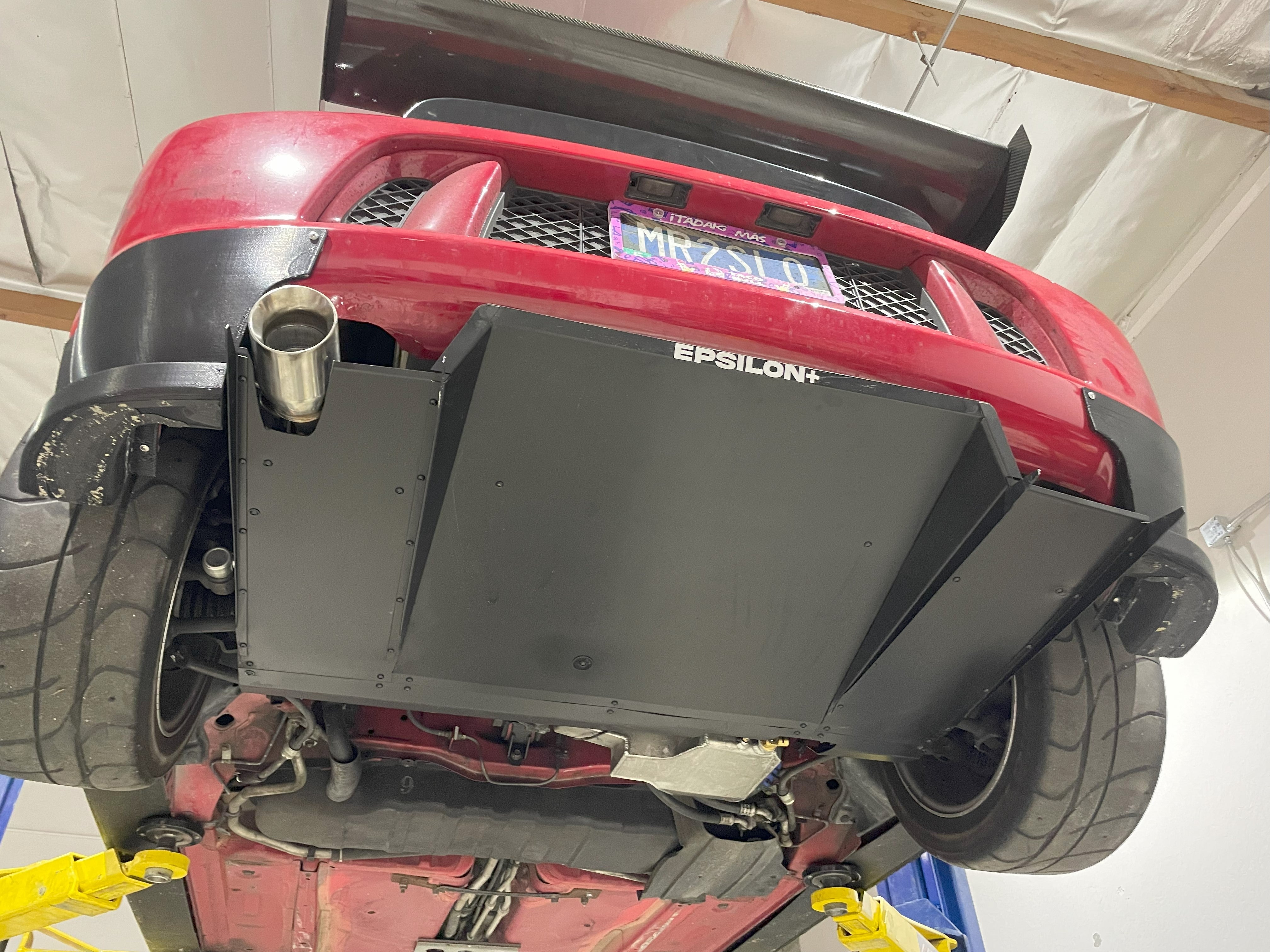 Underside view of the V1+ diffuser mounted beneath a Toyota MR2 Spyder