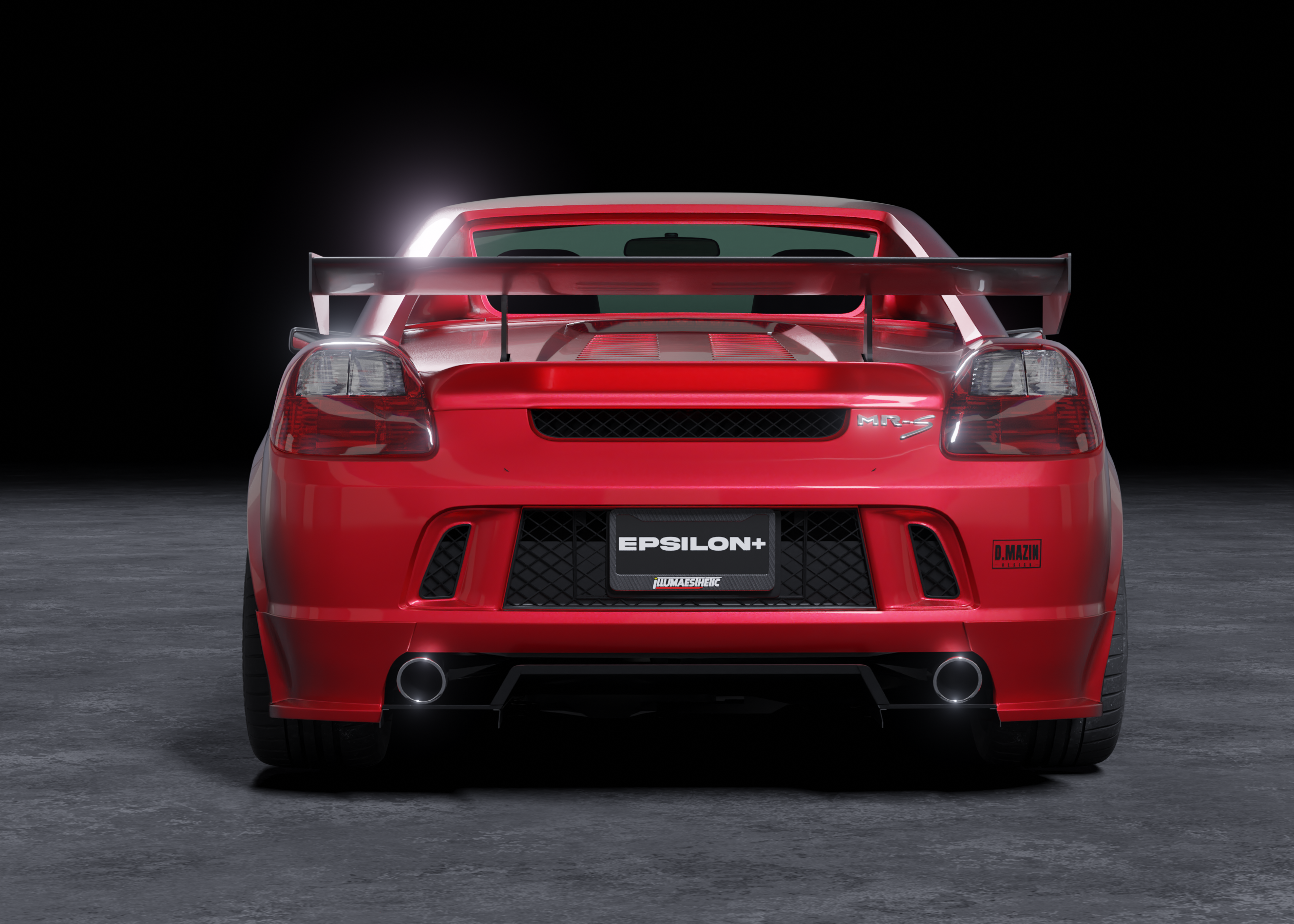 Studio render of a red Toyota MR2 Spyder with the V1+ rear diffuser and rear wing