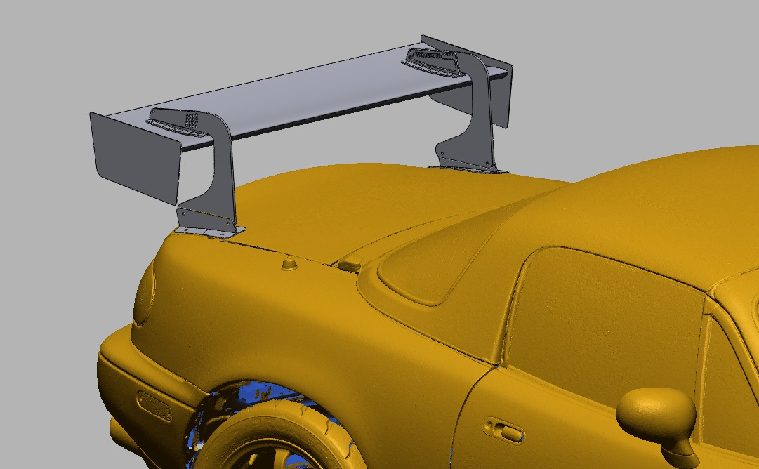 Close-up of the 47.5" swan-neck uprights and base plates on the NA Miata trunk lid