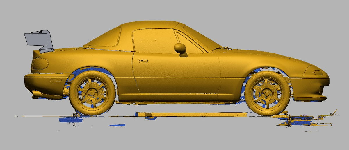 Side profile of the NA Miata showing 47.5" swan-mount TC Wing height and rearward position