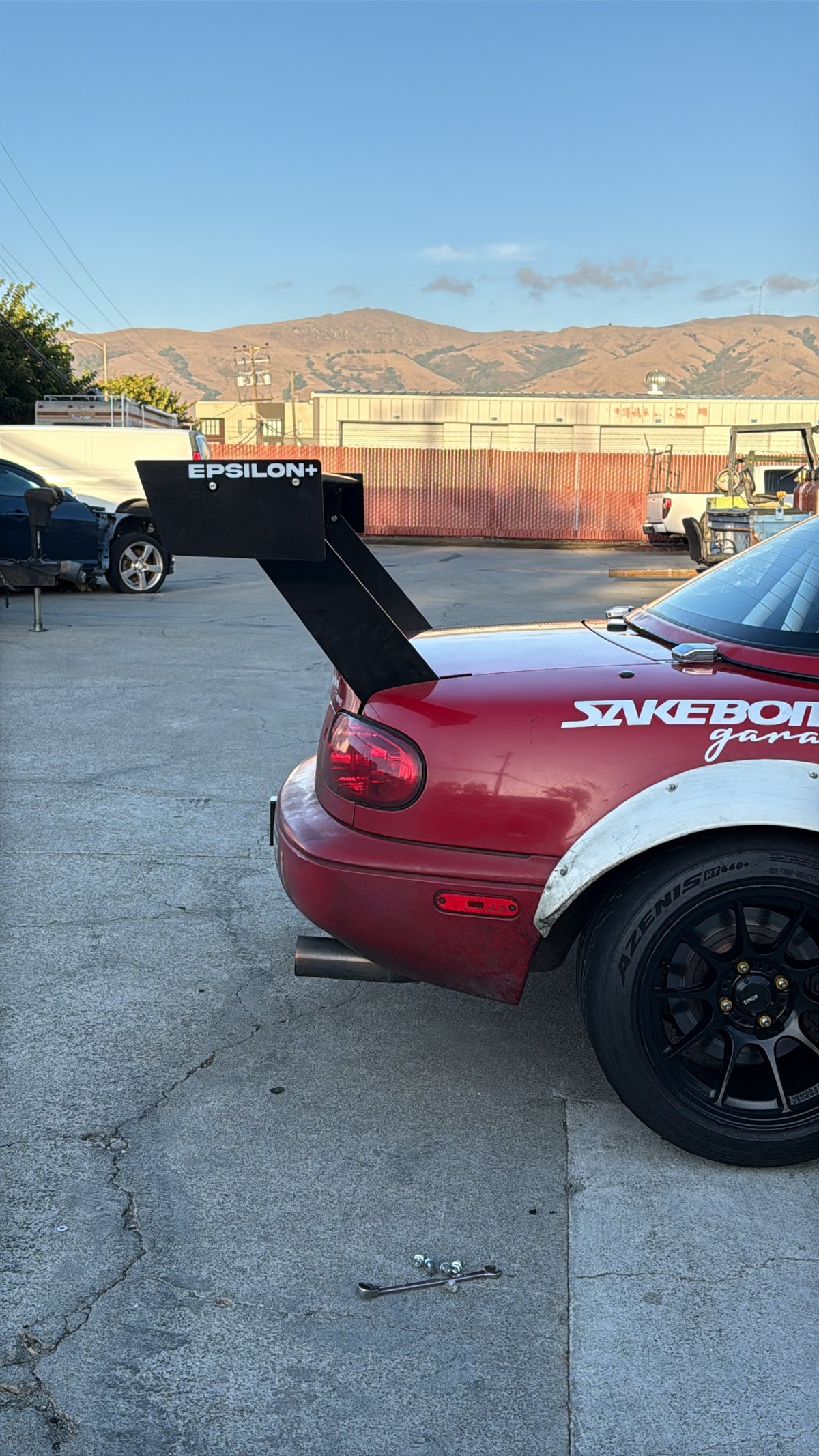 Epsilon+ branded endplate on the 66.5" TC Wing fitted to an NA Miata
