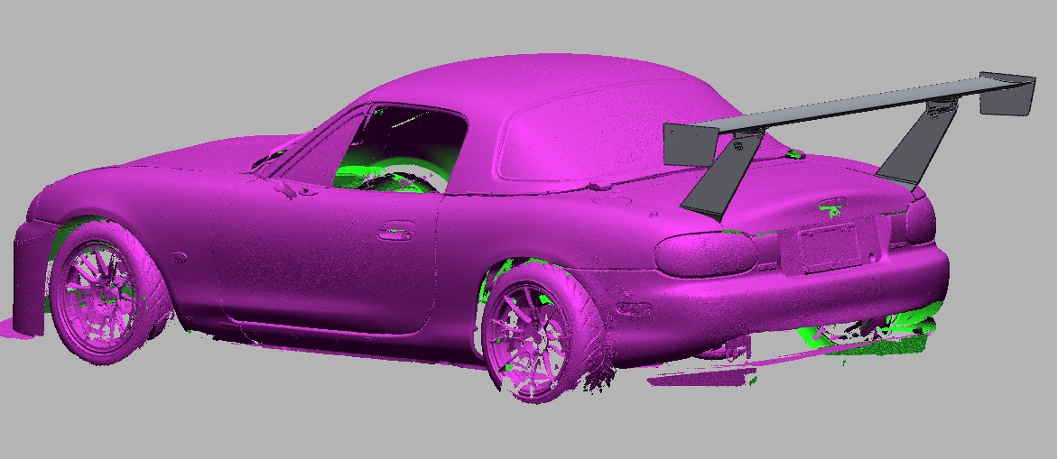 Close-up of the 66.5" QP-mount uprights passing beside the NB Miata deck lid, no trunk base plate