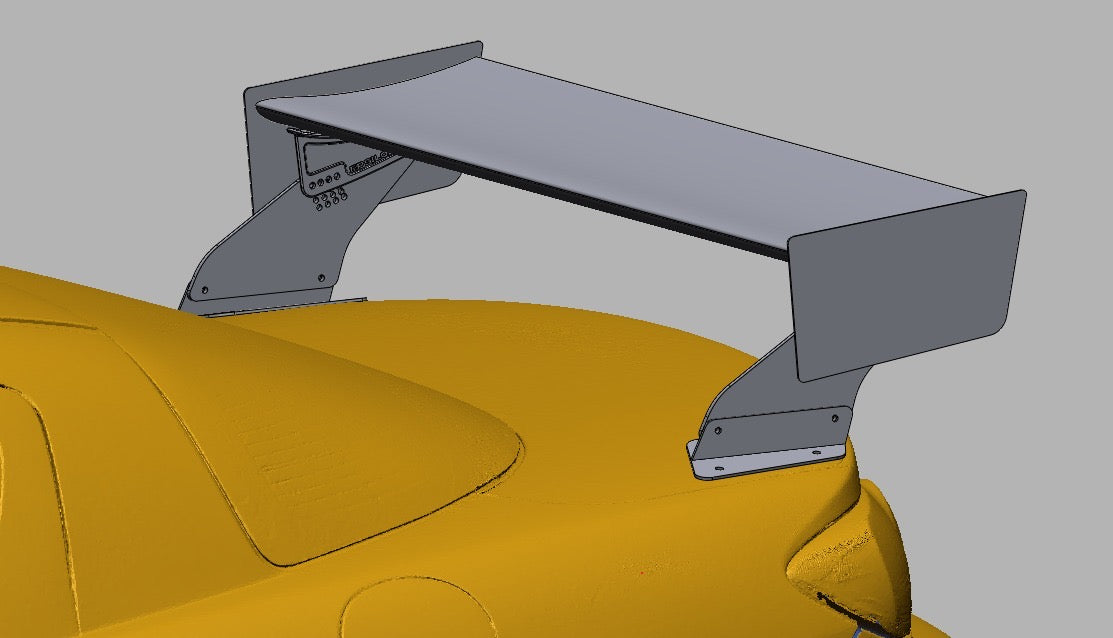 TC Wing 47.5 inch GT wing rear mounting bracket close-up on Mazda RX-8 SE3P