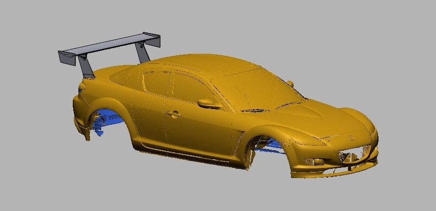 3D scan render of a Mazda RX-8 SE3P with the 66.5" TC wing, passenger-side front three-quarter view