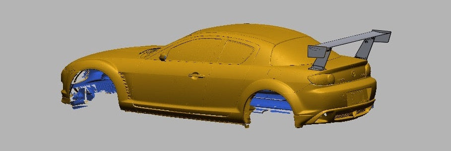 3D scan render of a Mazda RX-8 SE3P with the 66.5" TC wing, driver-side rear three-quarter view