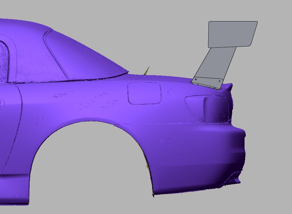 Close-up render of the 66.5" bottom-mount TC wing upright and endplate on the Honda S2000 rear deck