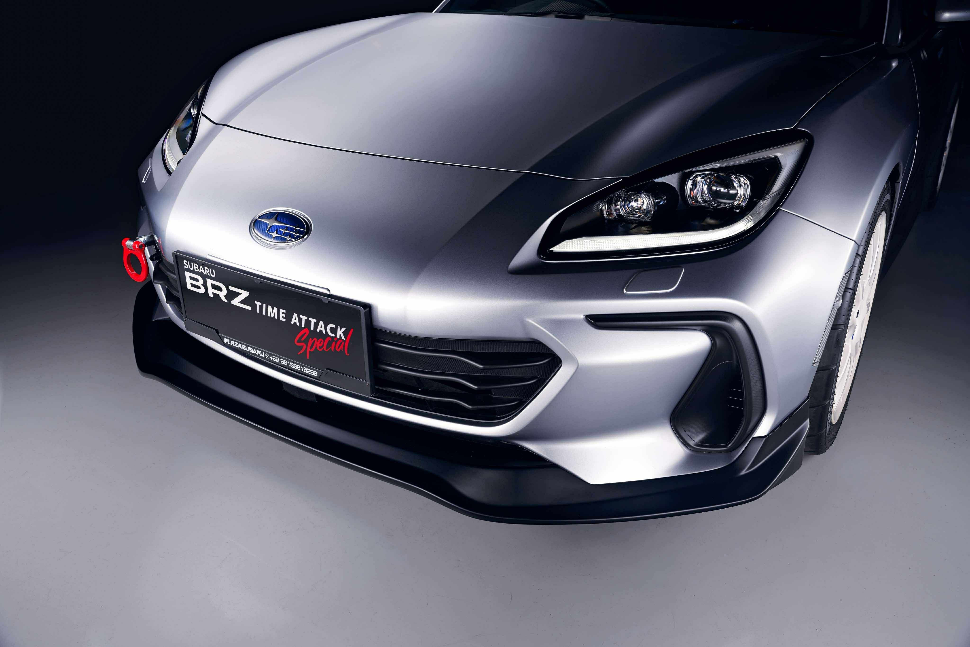 Silver Subaru BRZ ZN8 with Epsilon+ front lip, front three-quarter studio shot