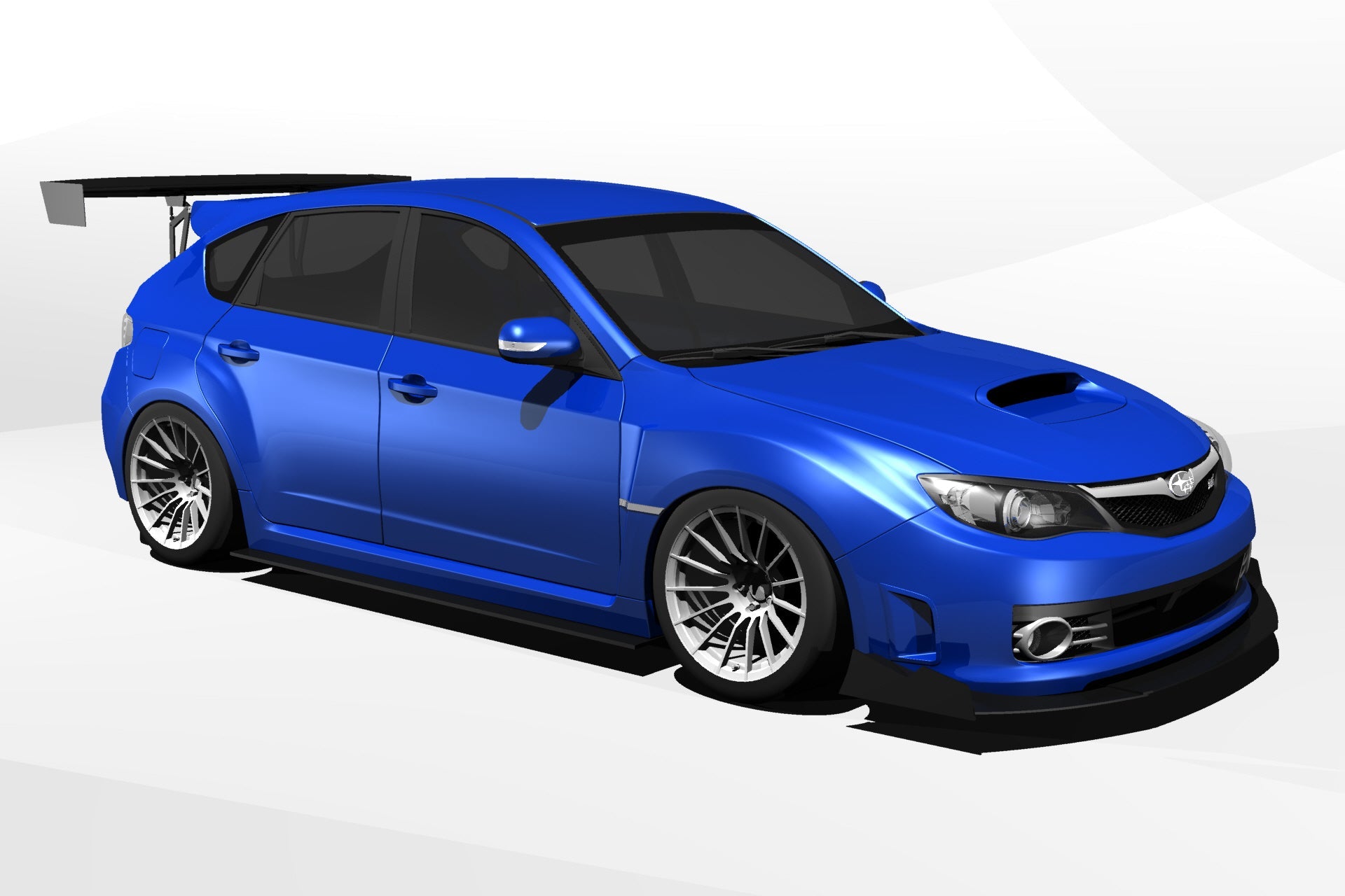 Front three-quarter 3D render of a blue Impreza Hatchback GR with GT wing