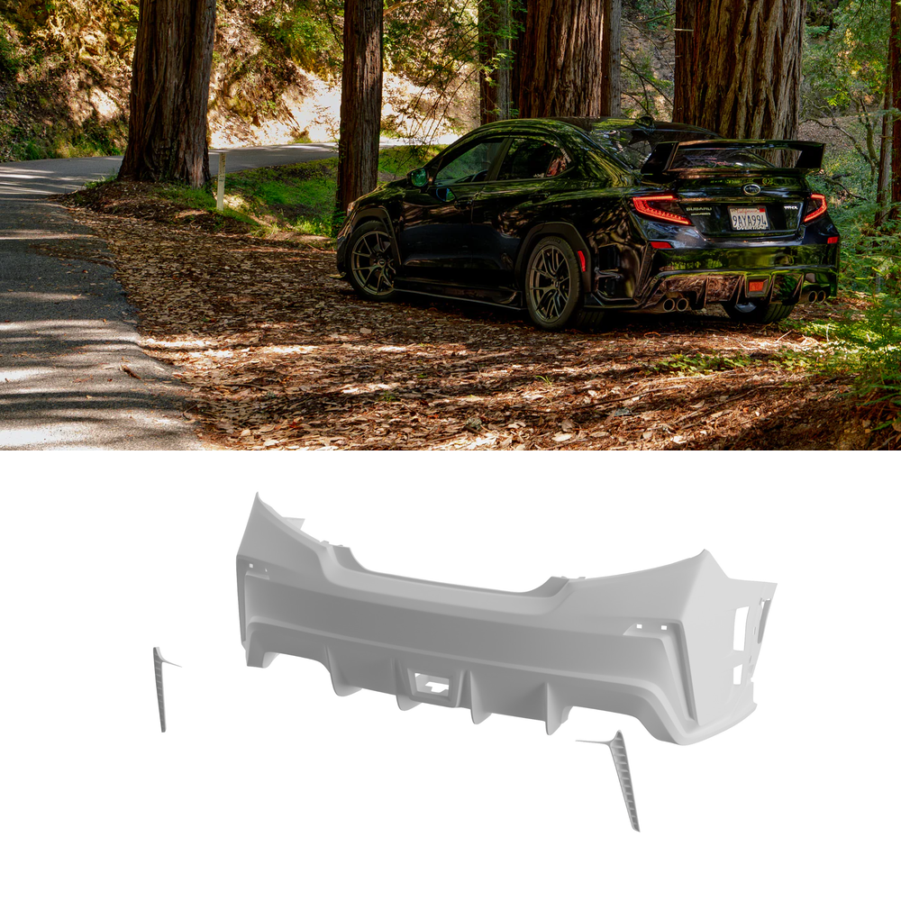 Black Subaru WRX VB fitted with the Epsilon+ rear bumper, shown with the bumper render below
