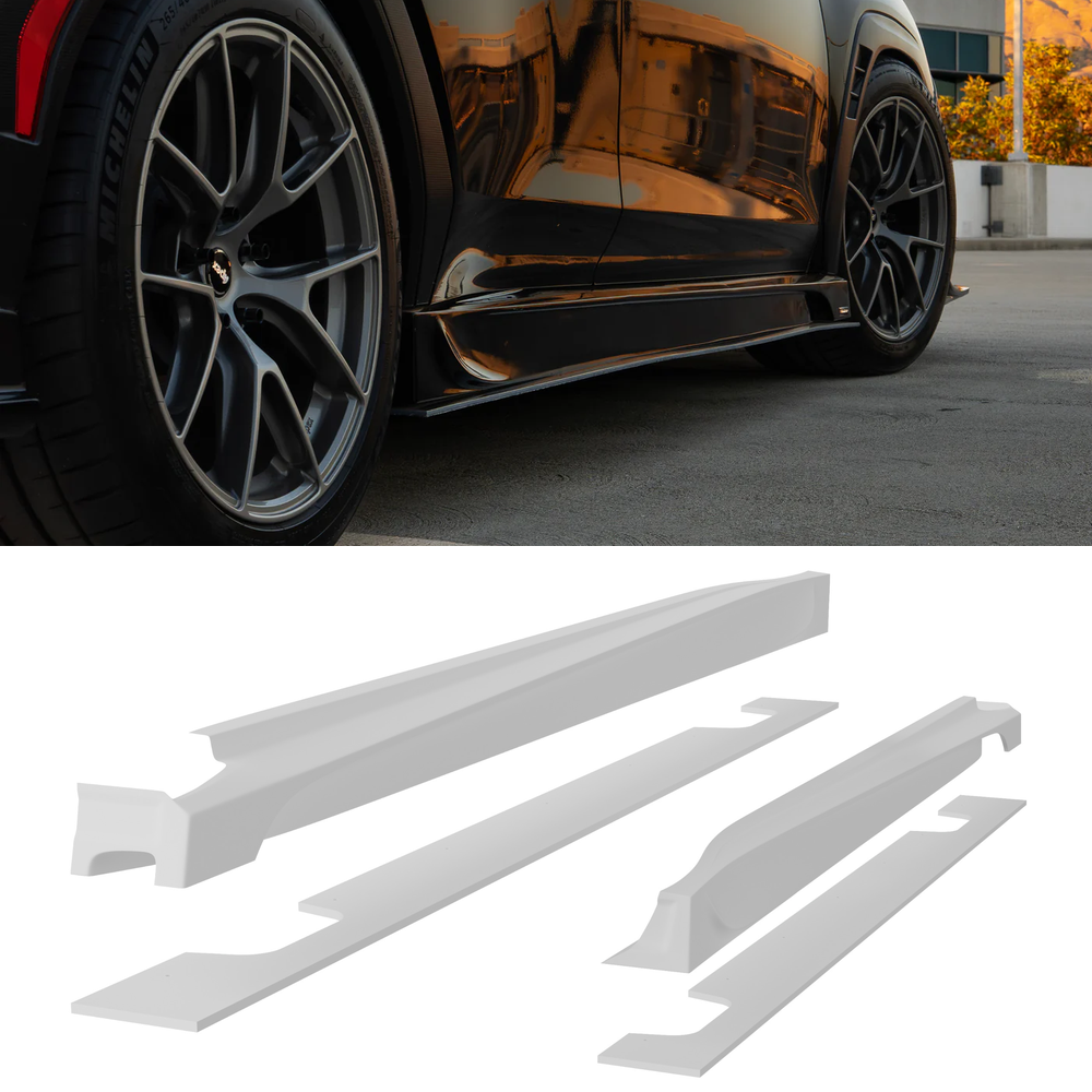 Black Subaru WRX VB fitted with the Epsilon+ side skirts, shown with the standalone side skirt pair rendered below