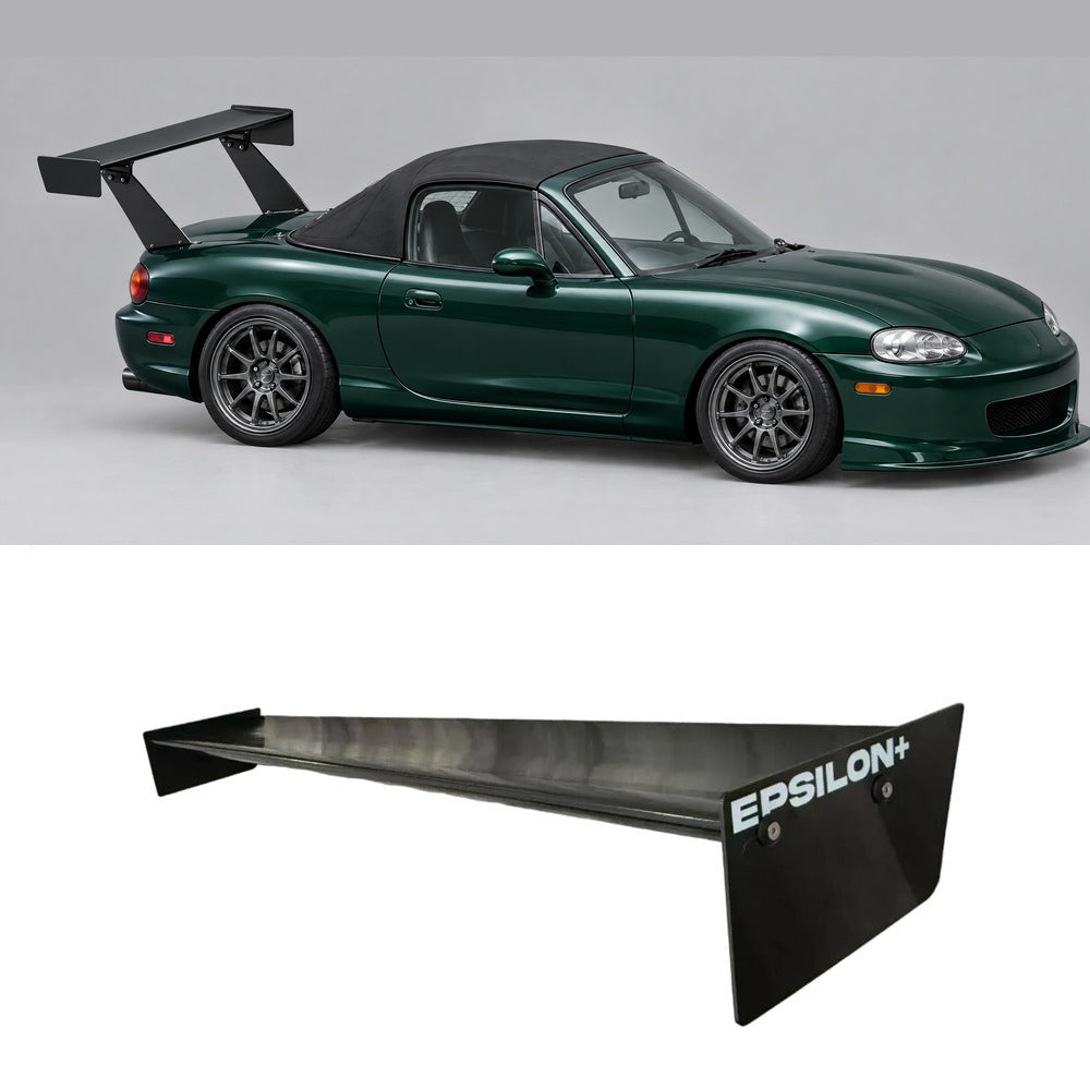 Mazda MX-5 Miata NB in British Racing Green Mica fitted with the 66.5" quarter-panel-mount Epsilon+ TC Wing, shown above the standalone TC Wing airfoil