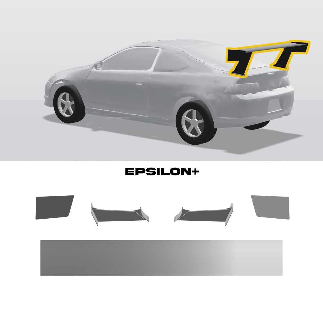 Epsilon+ TC wing for the Acura RSX (DC5): a configurator render of the RSX with the wing outlined in yellow, above the TC wing, endplates, 12.5" bottom-mount uprights and base