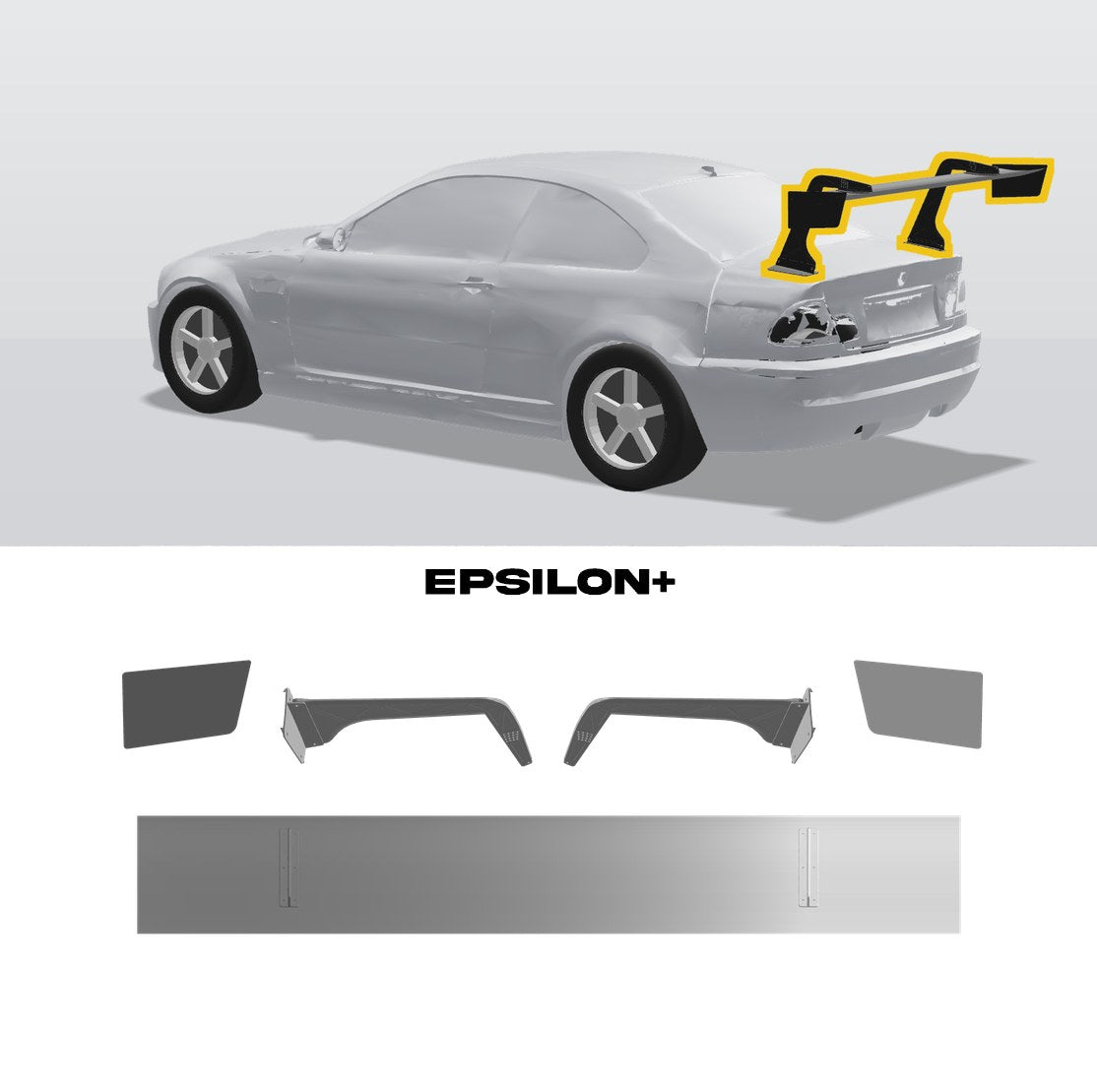 Epsilon+ TC wing for the BMW E46: a configurator render of the E46 with the wing outlined in yellow, above the TC wing, endplates, Type C swan uprights and base
