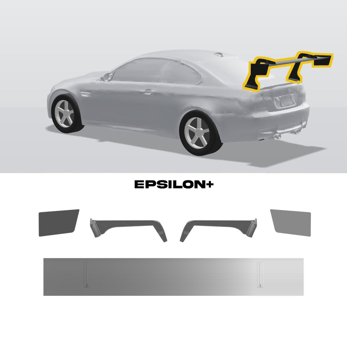 Epsilon+ TC wing for the BMW E92: a configurator render of the E92 with the wing outlined in yellow, above the TC wing, endplates, Type C swan uprights and CNC base