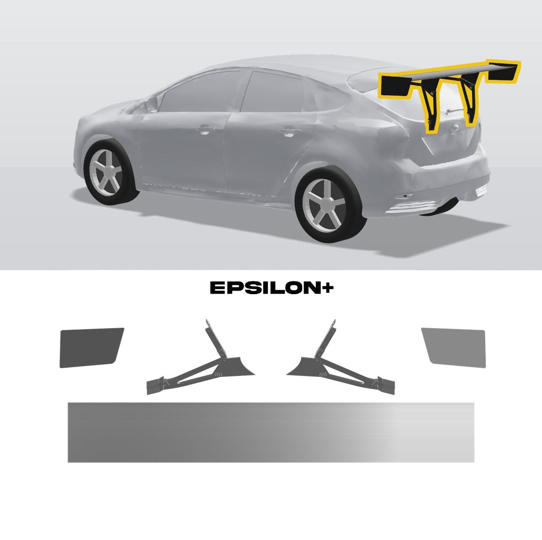 Epsilon+ TC wing for the Ford Focus RS (Mk3): a configurator render of the Focus RS with the wing outlined in yellow, above the TC wing, endplates and Focus Mk3 hatchback uprights