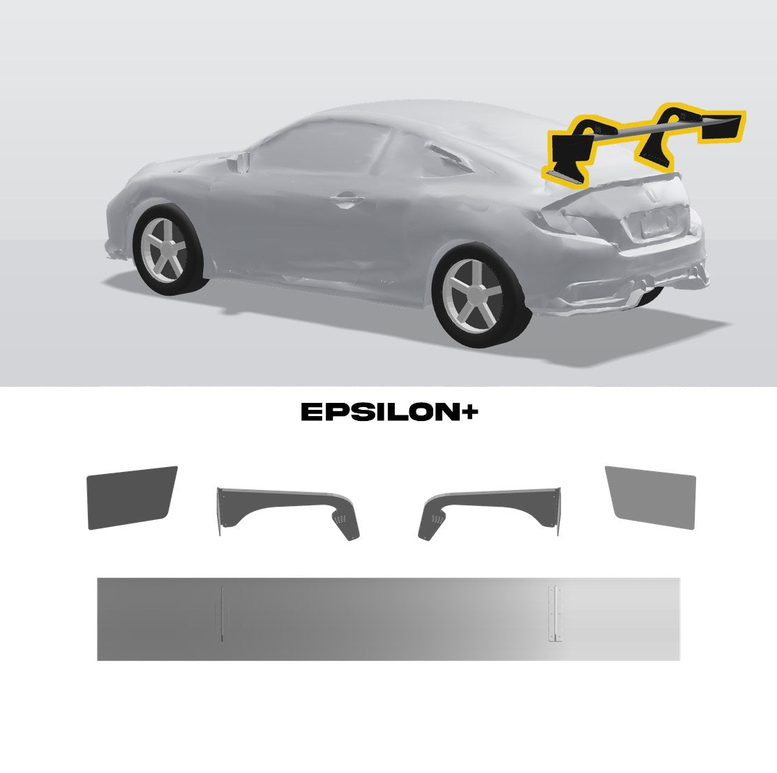 Epsilon+ TC wing for the Honda Civic Si Coupe (FC3): a configurator render of the Civic Si coupe with the wing outlined in yellow, above the TC wing, endplates, Civic Si swan uprights and base