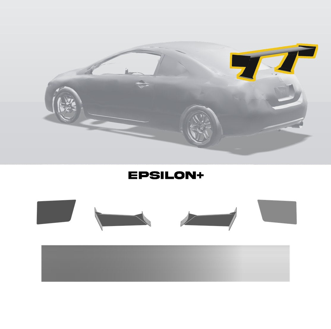 Epsilon+ TC wing for the Honda Civic Si Coupe (FG2): a configurator render of the Civic Si coupe with the wing outlined in yellow, above the TC wing, endplates, 11.5" bottom-mount uprights and base