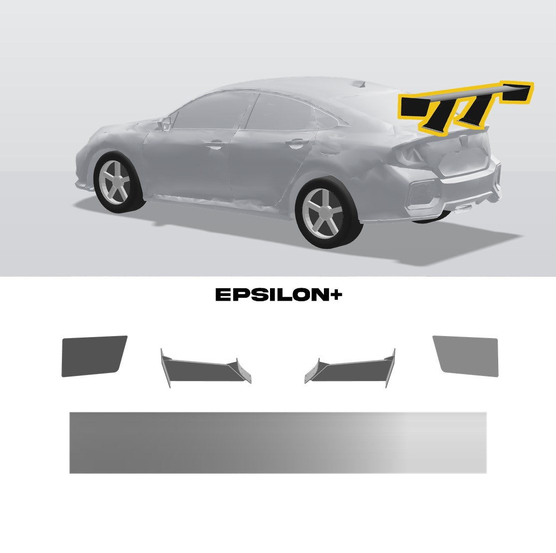 Epsilon+ TC wing for the Honda Civic Si Sedan (FC1): a configurator render of the Civic Si sedan with the wing outlined in yellow, above the TC wing, endplates, 11.5" bottom-mount uprights and base