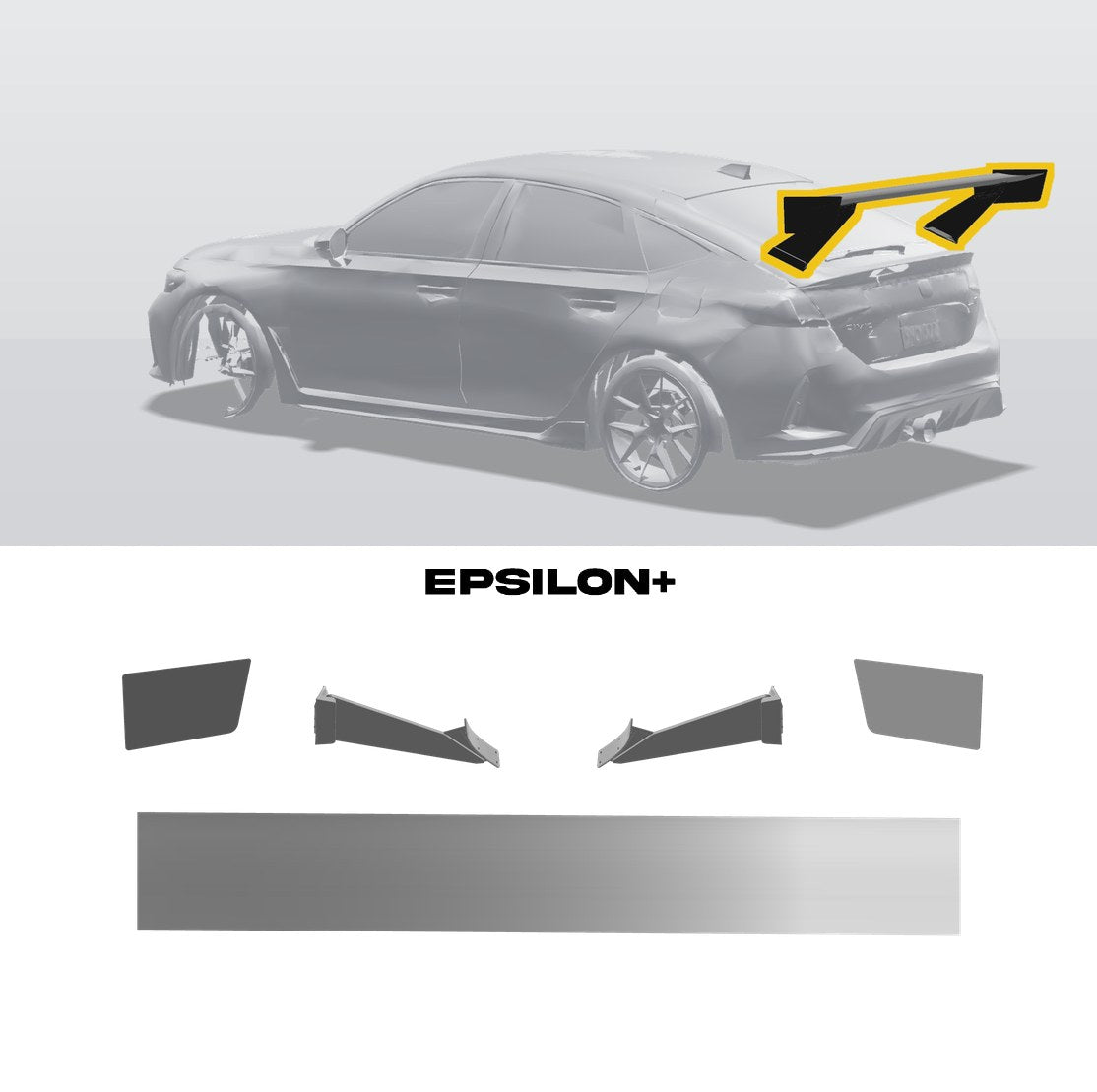 Epsilon+ TC wing for the Honda Civic Type R (FL5): a configurator render of the FL5 with the wing outlined in yellow, above the TC wing, endplates, Type R bottom-mount uprights and CNC base