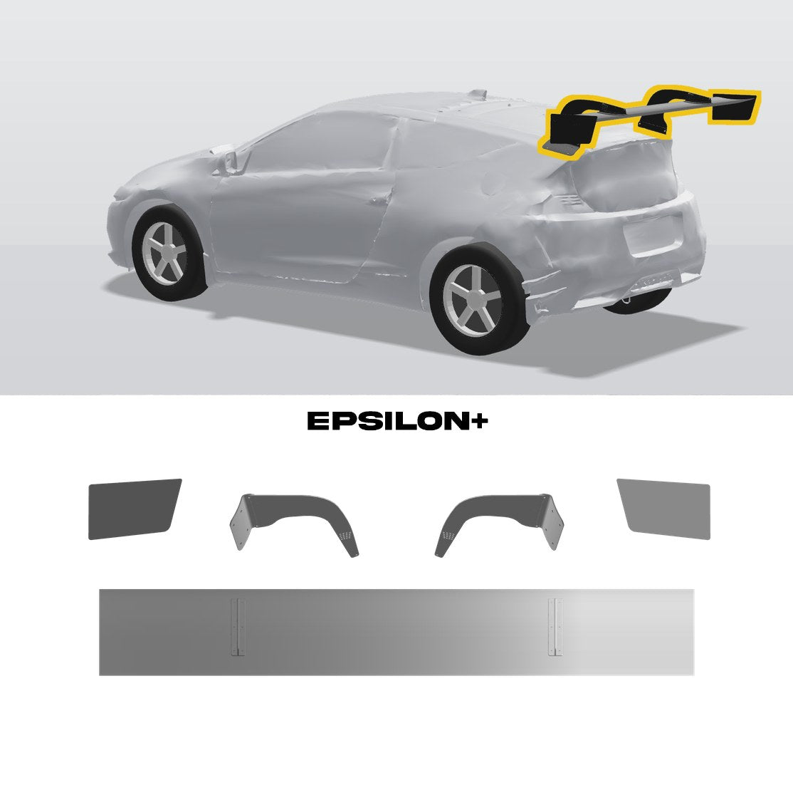 Epsilon+ TC wing for the Honda CR-Z (ZF1/ZF2): a configurator render of the CR-Z with the wing outlined in yellow, above the TC wing, endplates, CR-Z swan uprights and hatch base