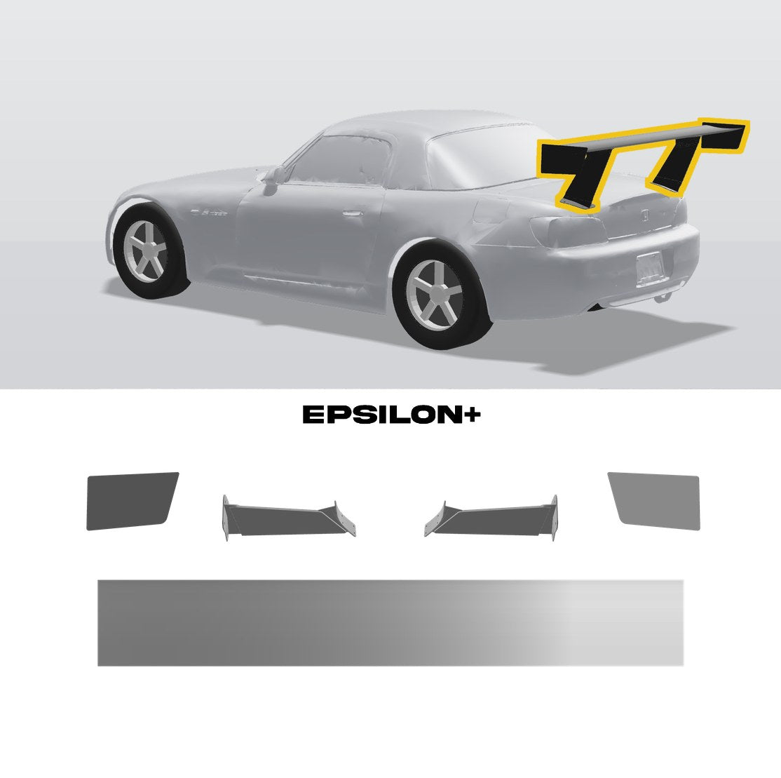 Epsilon+ TC wing for the Honda S2000 AP1/AP2: a configurator render of the S2000 with the 11.5" bottom-mount kit, above the kit's TC wing, endplates, uprights and S2000 base