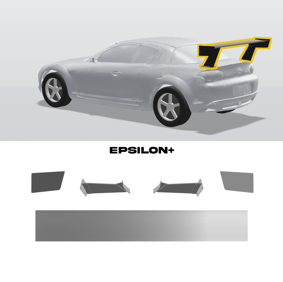 Epsilon+ TC wing for the Mazda RX-8 SE3P: a configurator render of the RX-8 with the 11.5" bottom-mount kit, above the kit's TC wing, endplates, uprights and RX-8 base